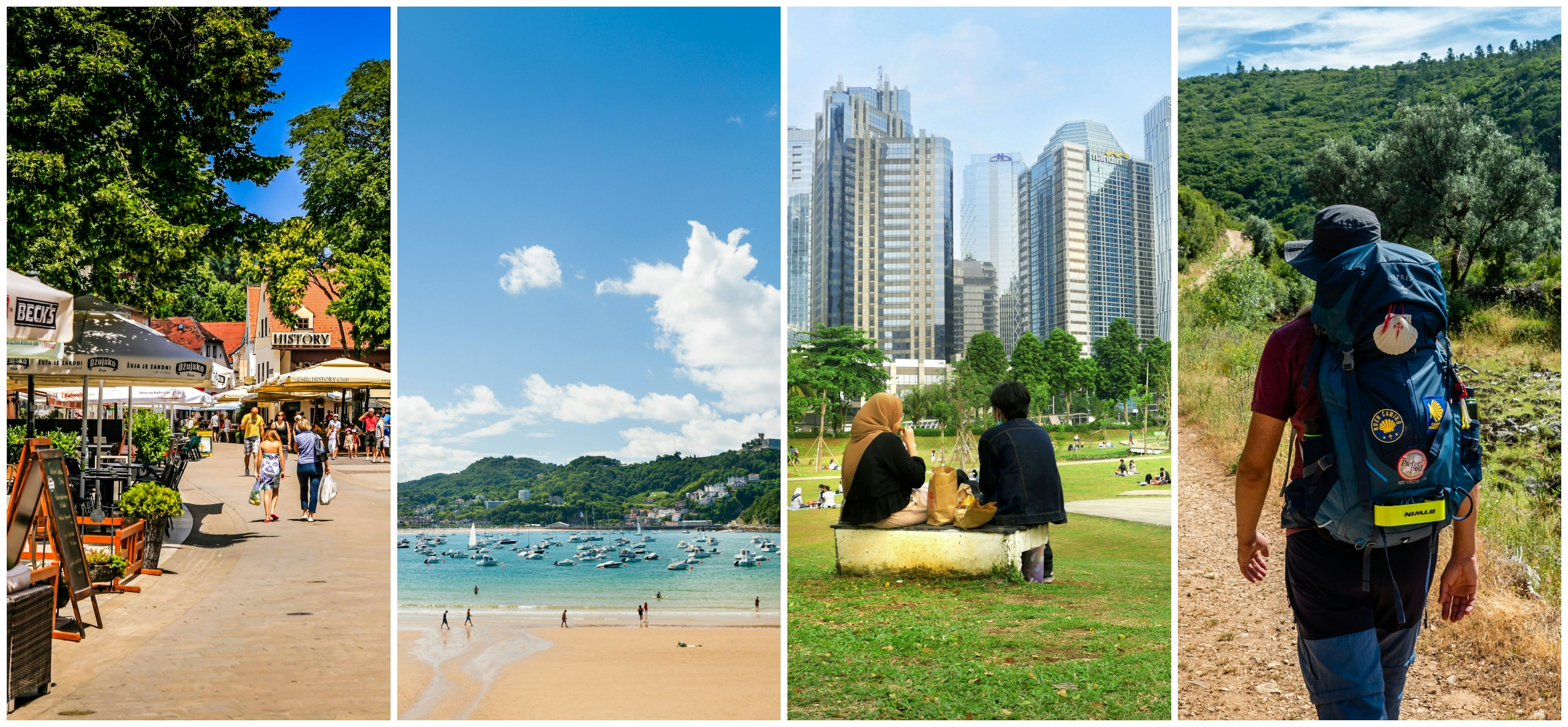 Village life in Croatia, two women sit in a park in Jakarta, a San Sebastian beach scene and a hiker walks along the Portuguese Camino