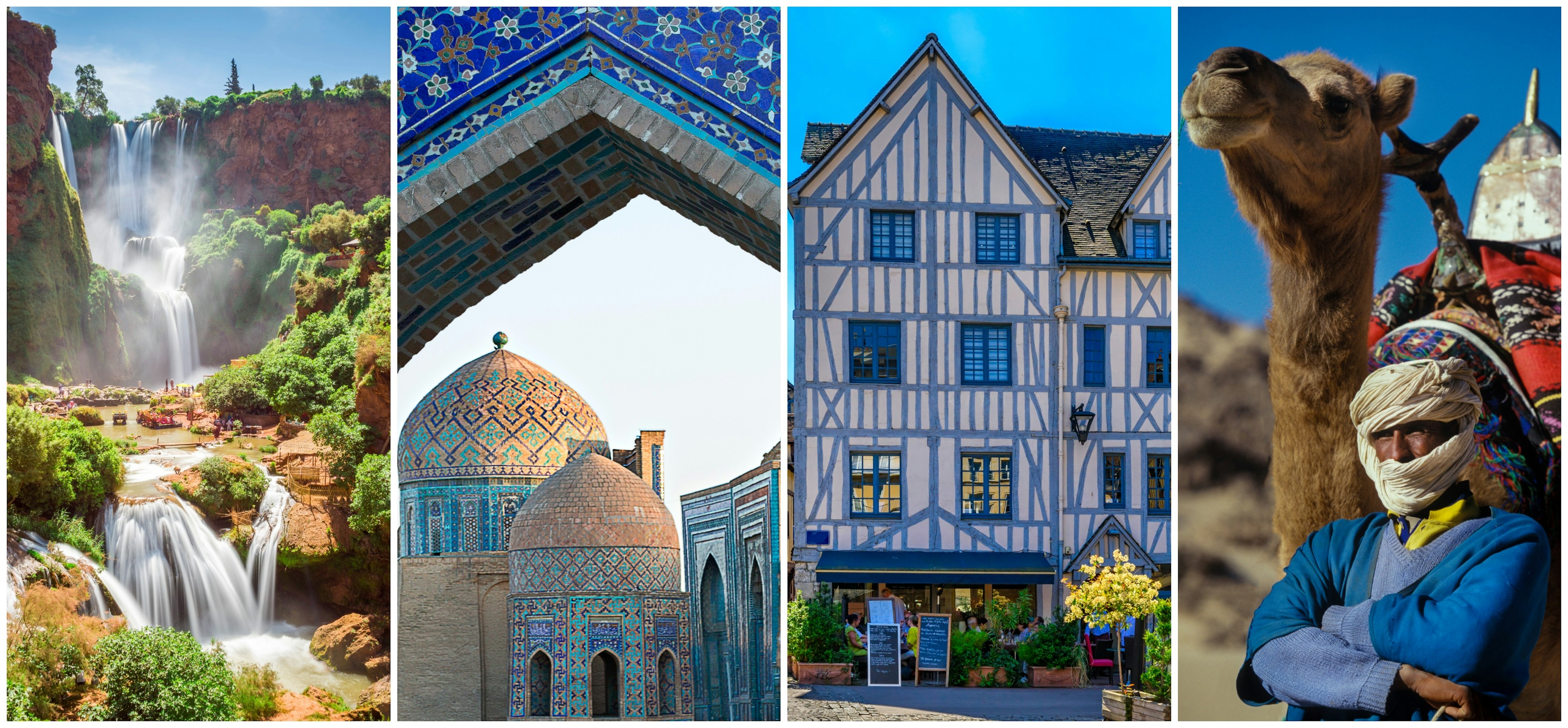 Waterfall in Morocco, landmarks in Uzbekistan, timber houses in Normandy and a member of a Toureg tribe in Algeria