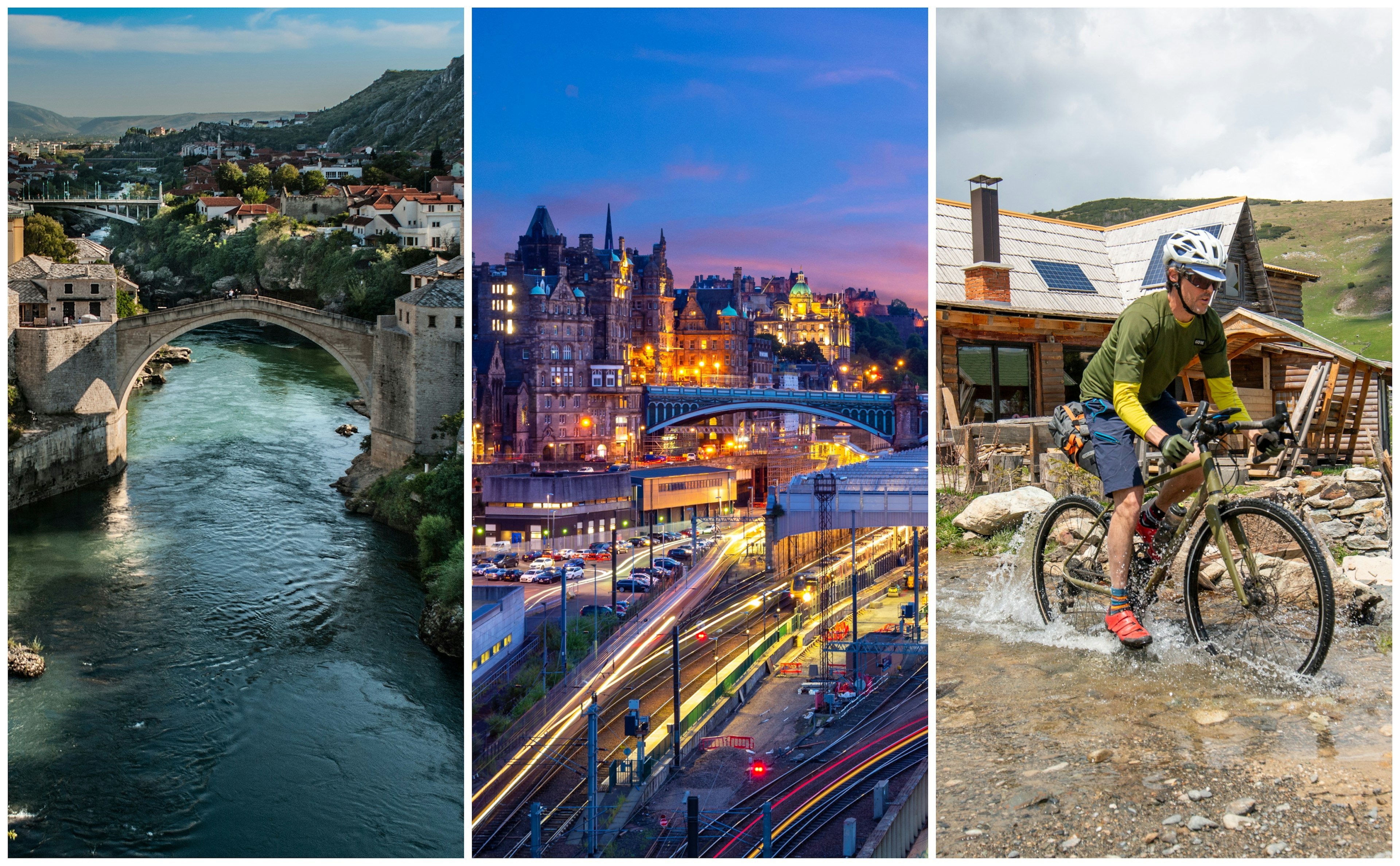 Stari Most bridge in Mostar, a night train leaving from Amsterdam station and a cyclist peddals through puddles