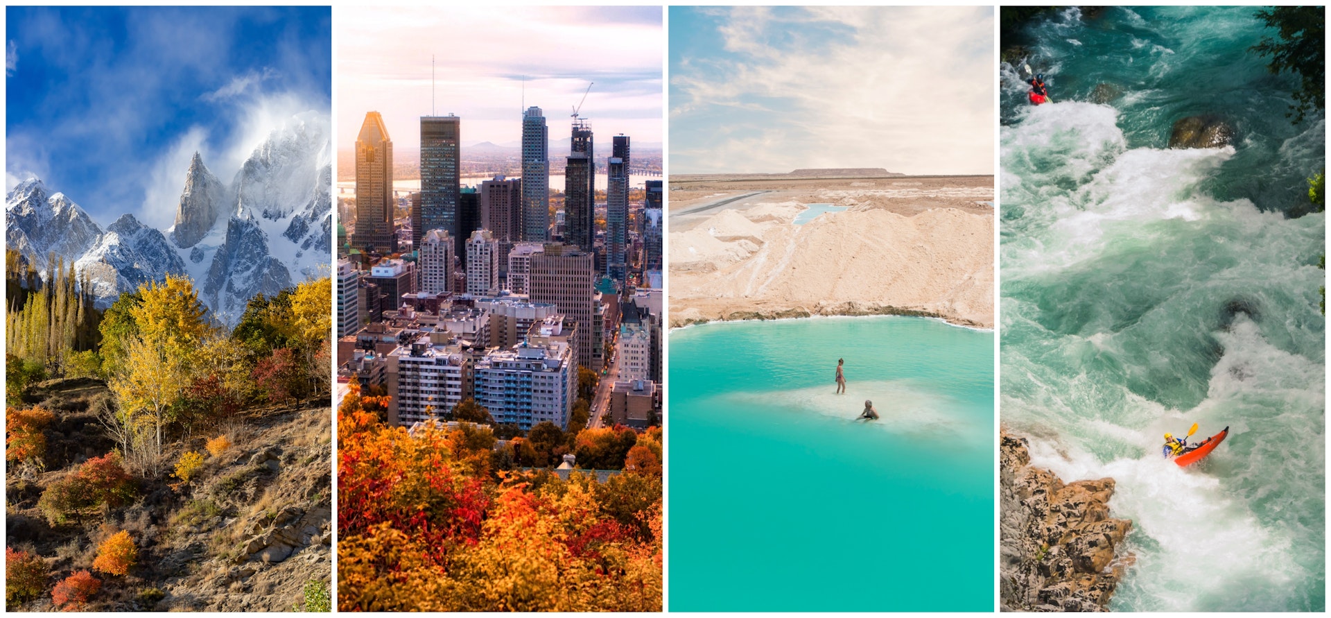 Autumn leaves in Hunza Valley, Pakistan; Downtown Montreal in autumn colors, Beach at the Dead Sea in Egypt; a whitewater rafter in Patagonia