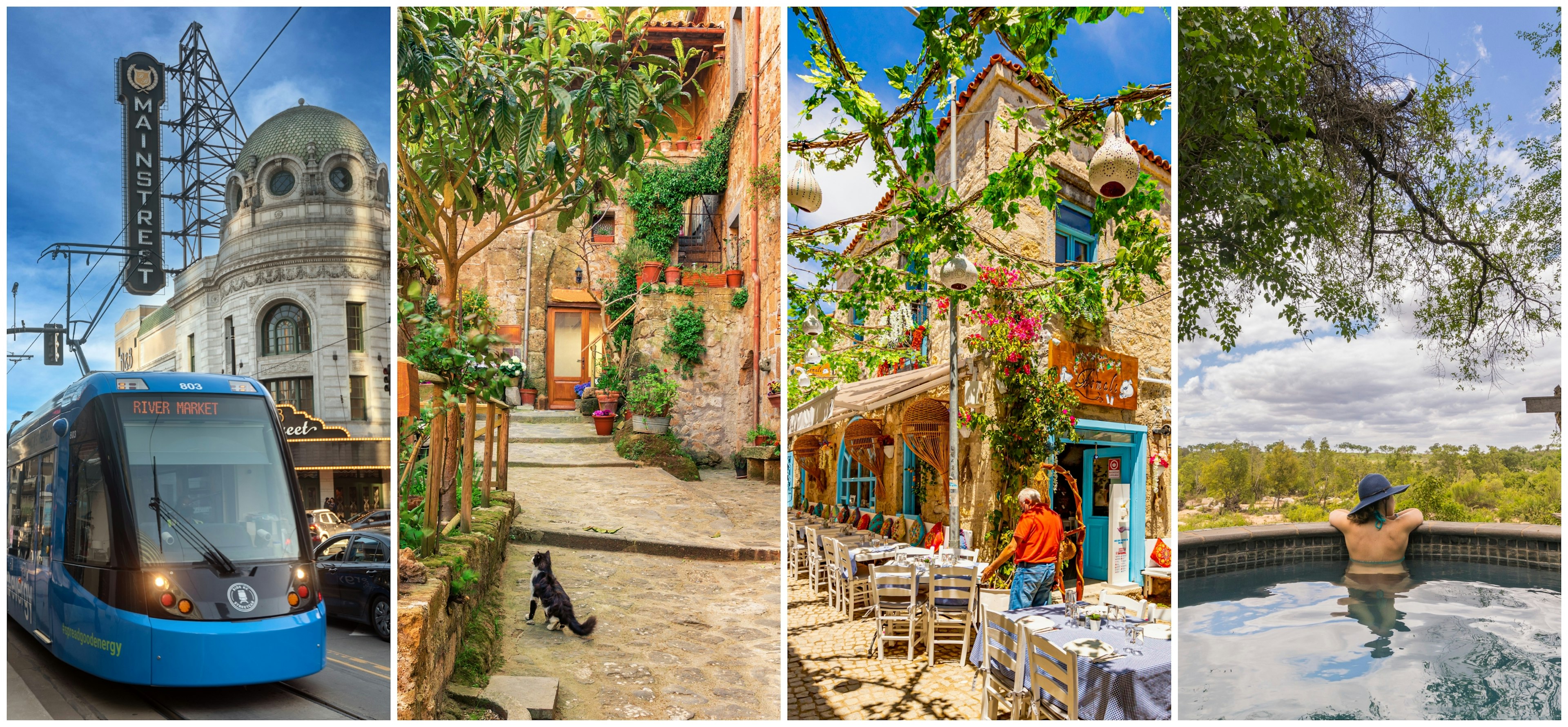 Kansas City streetcar downtown, a village in Tuscany, a cat plays in an ochre-hued street in Izmir, a woman admires views of the countryside from a pool in South Africa