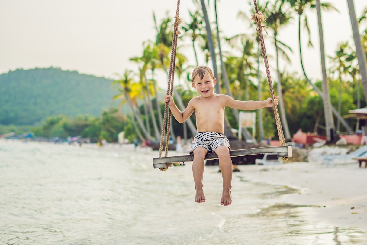 Happy boy sit on swing at the sea shore on sunset.
1197466982
