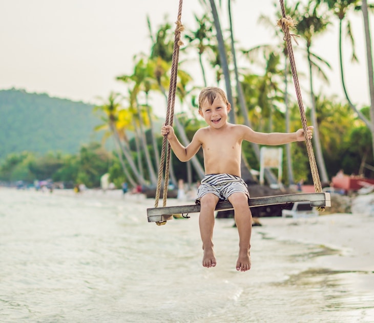 Happy boy sit on swing at the sea shore on sunset.
1197466982