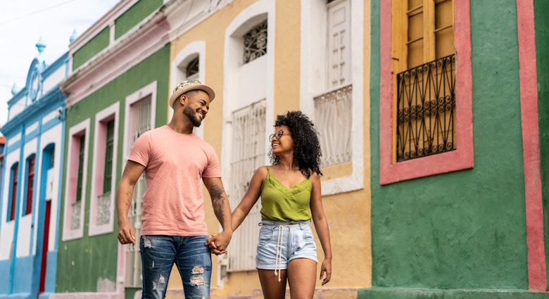 Afro couple holding hands in Olinda street - stock photo
Afro couple, Tourist, Love, Vacation, Happiness