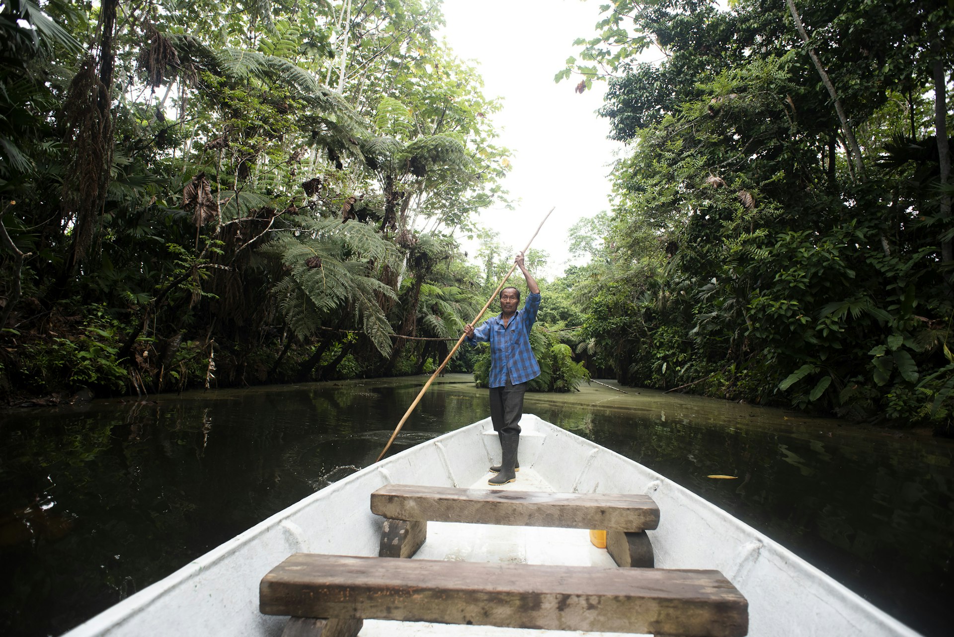 A senior man steers a canoe down a river with jungle either side
