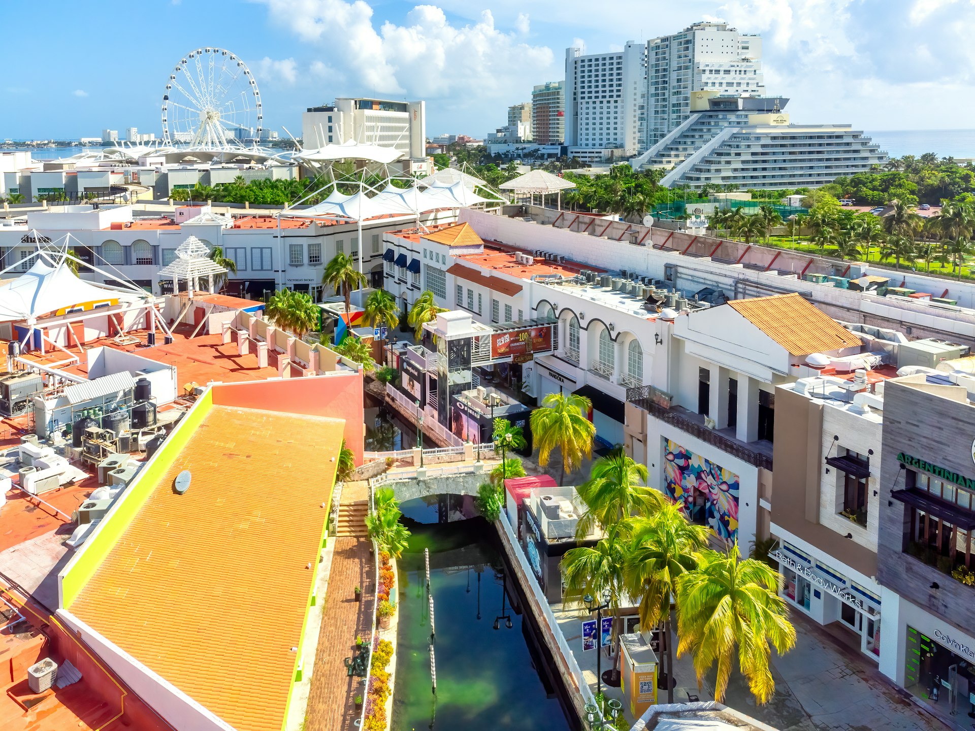 An aerial view of the colorful La Isla shopping mall in Cancún