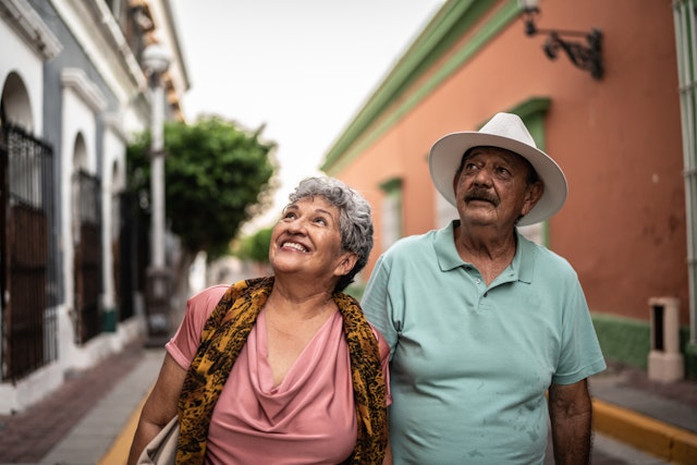 Senior couple walking around the historic district in Mexico city