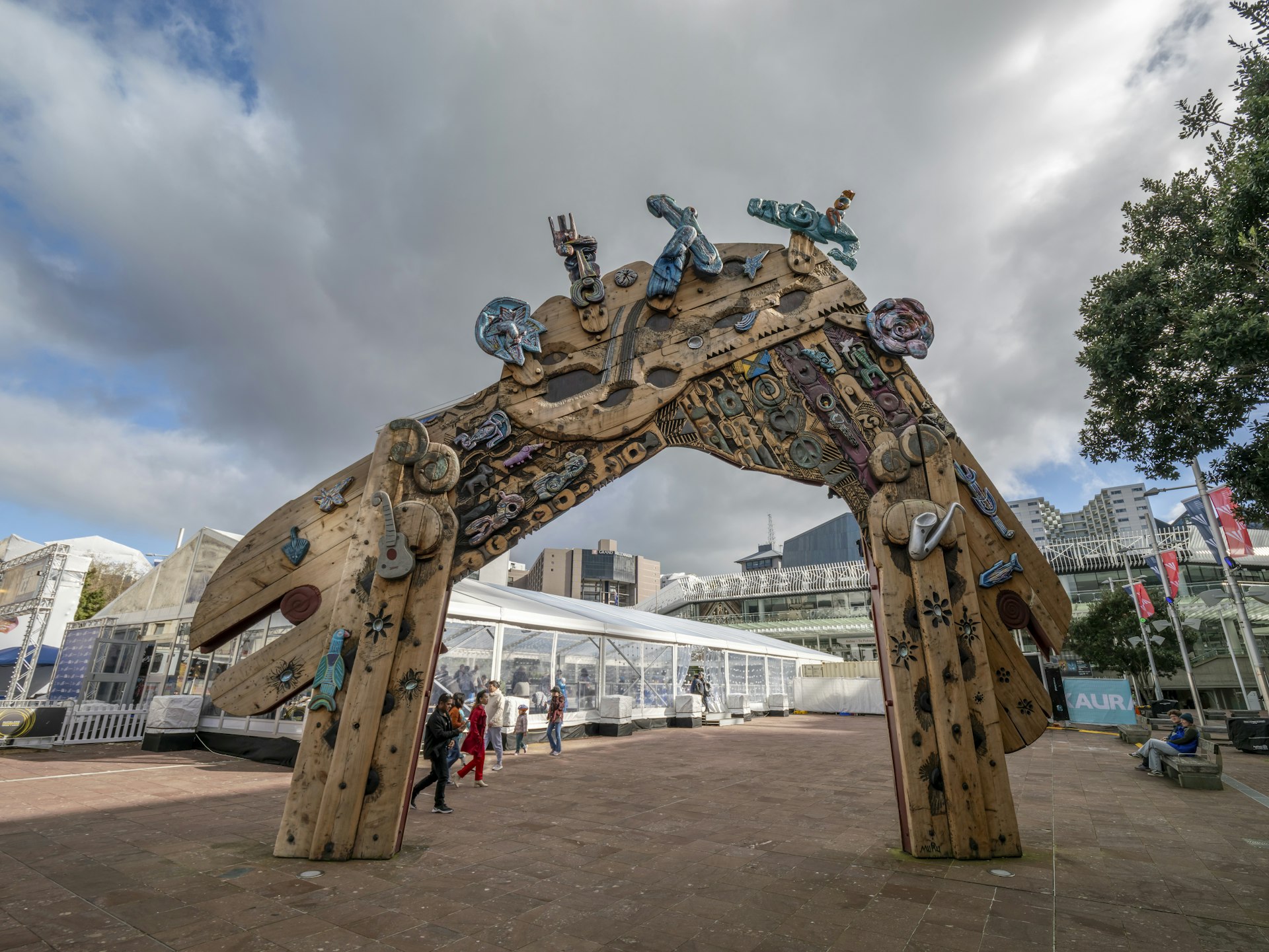 An arch/gateway with Maori art on Aotea Square, Auckland, New Zealand