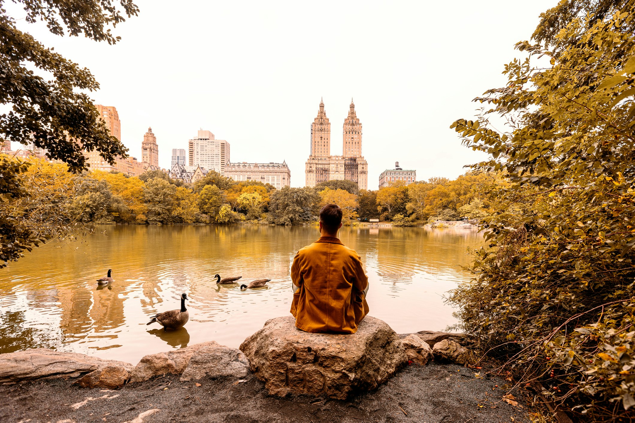 A man in a brown jacket looks out across a pond in New York City with the cityscapre in the back =ground