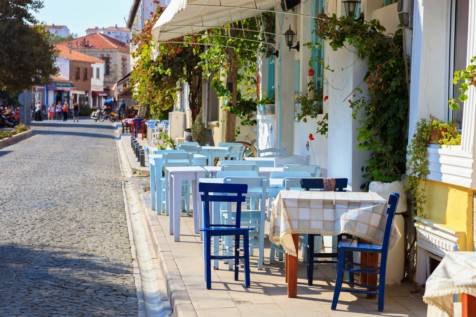White-washed tavernas on a lively street