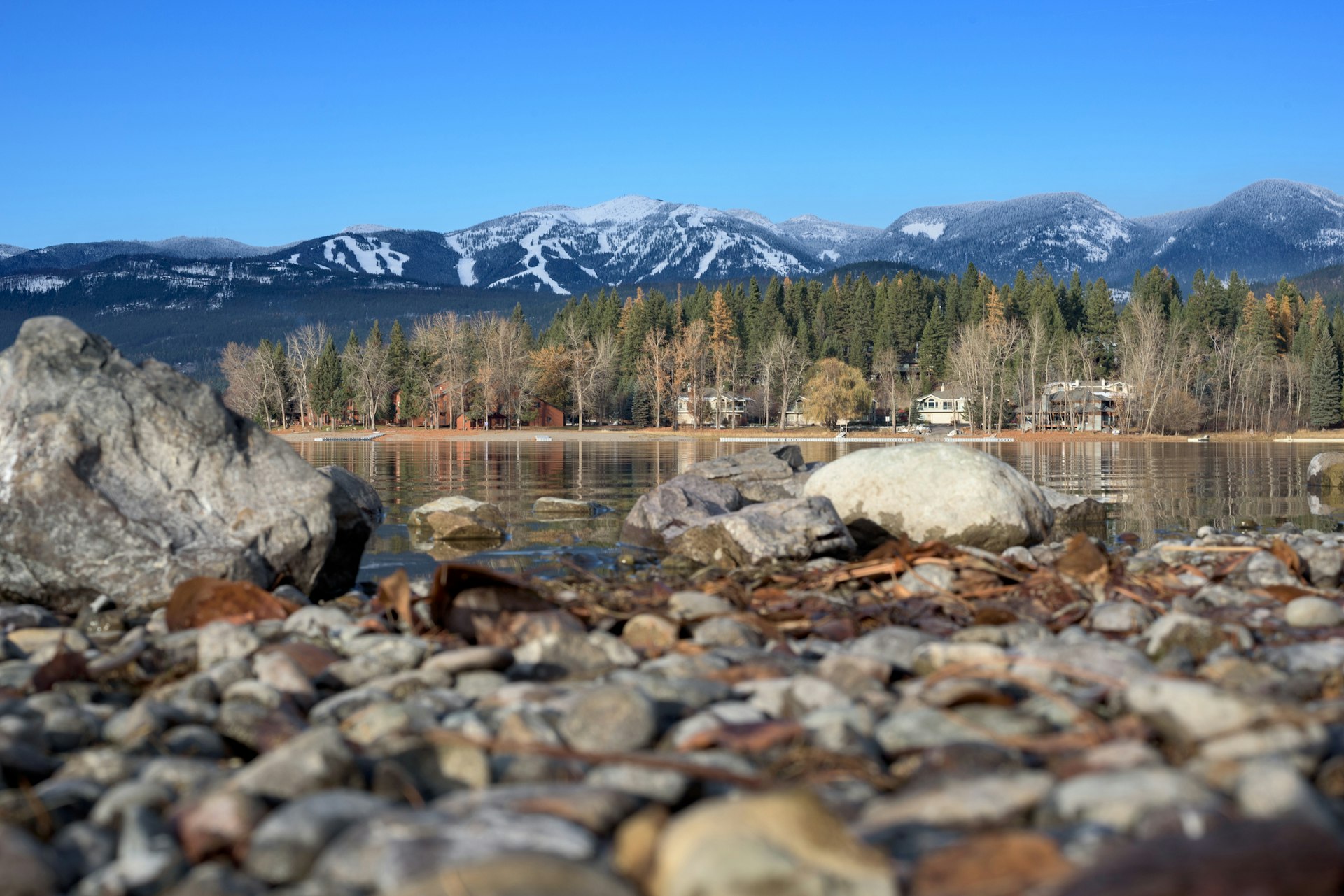 Whitefish Mountain Resort viewed from the shores of Whitefish Lake in Whitefish, Montana -