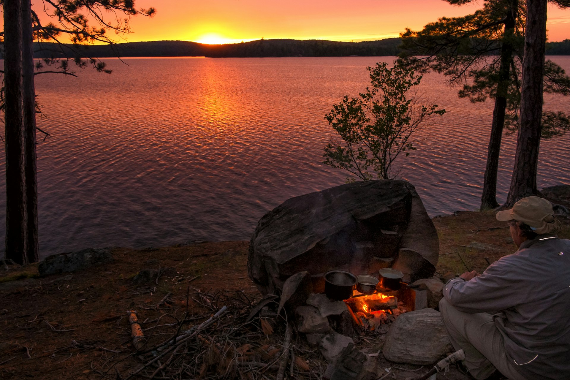 Campfire dinner at sunset on Opeongo Lake, Algonquin Provincial Park