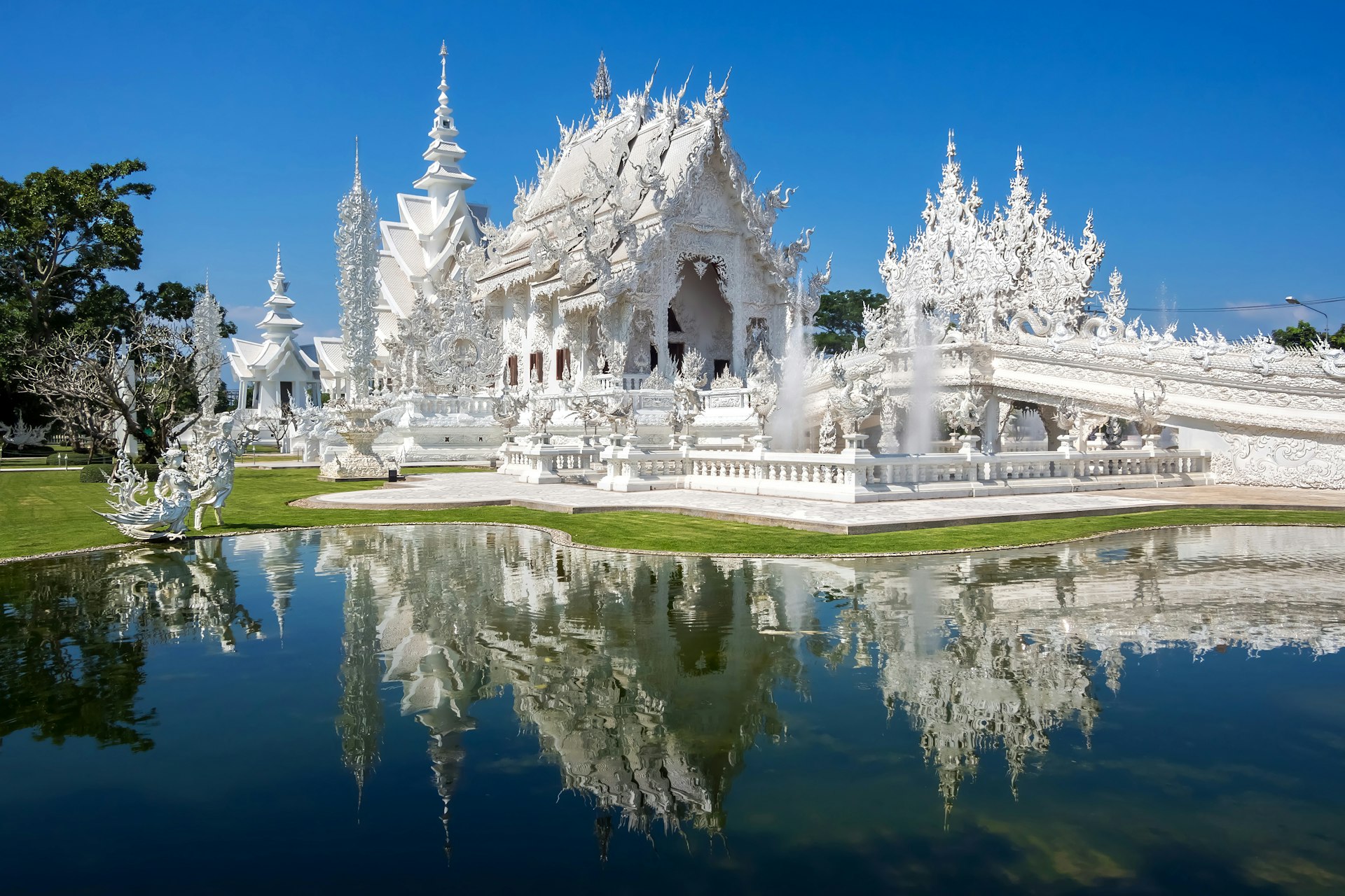 Wat Rong Khun, also known as the White Temple, in Chiang Rai, Thailand. 