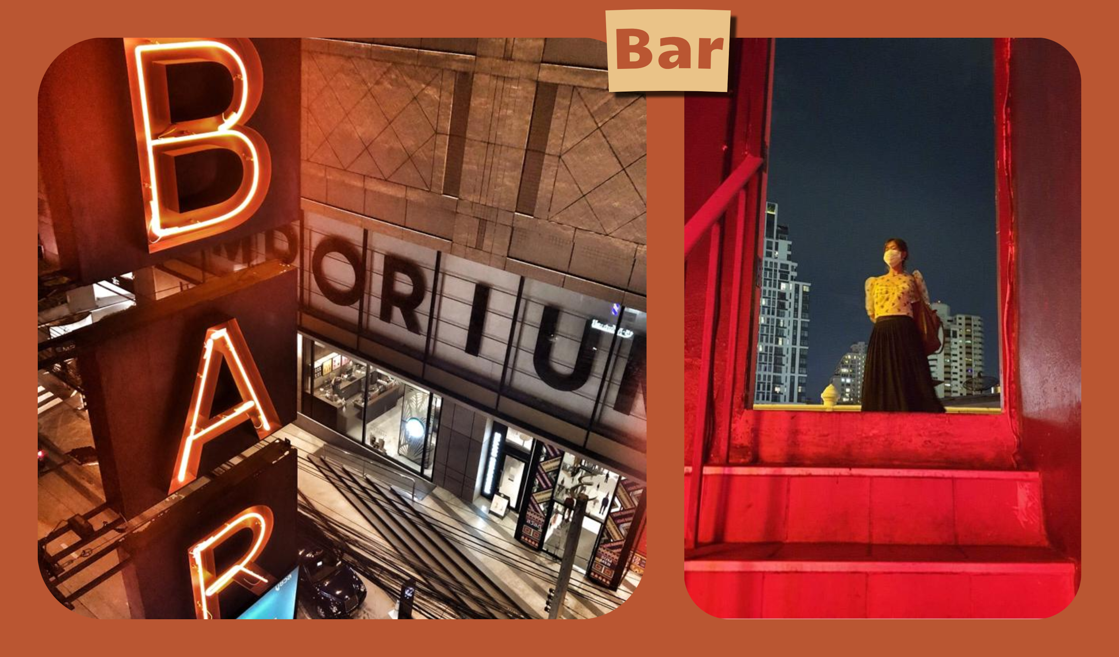 L: A neon bar sign lit up at night in Bangkok. R: A woman with a face masks stands at the entrance to a bar