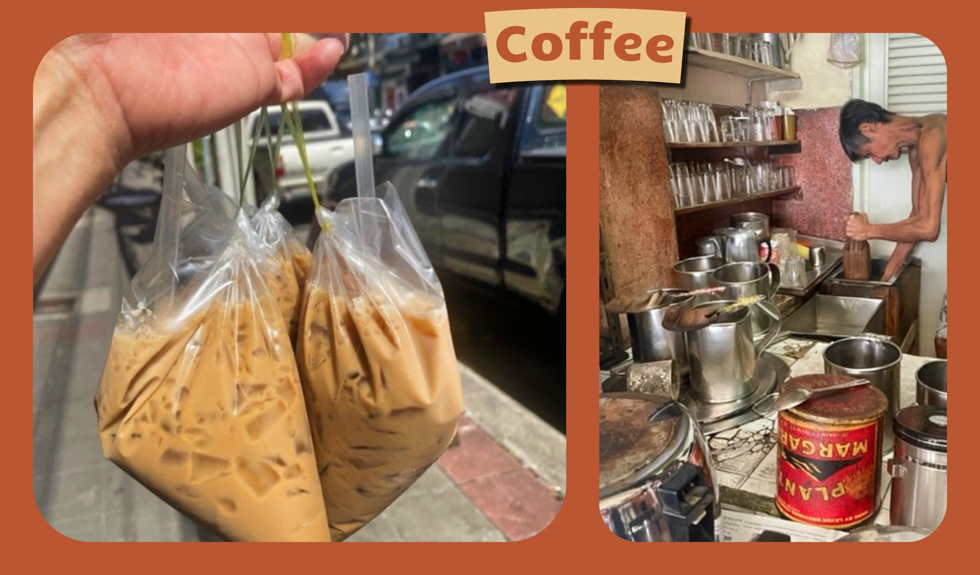 Left: a woman holding a plastic bag of coffee. Right: an elderly man making coffee in a rustic Thai coffee shop