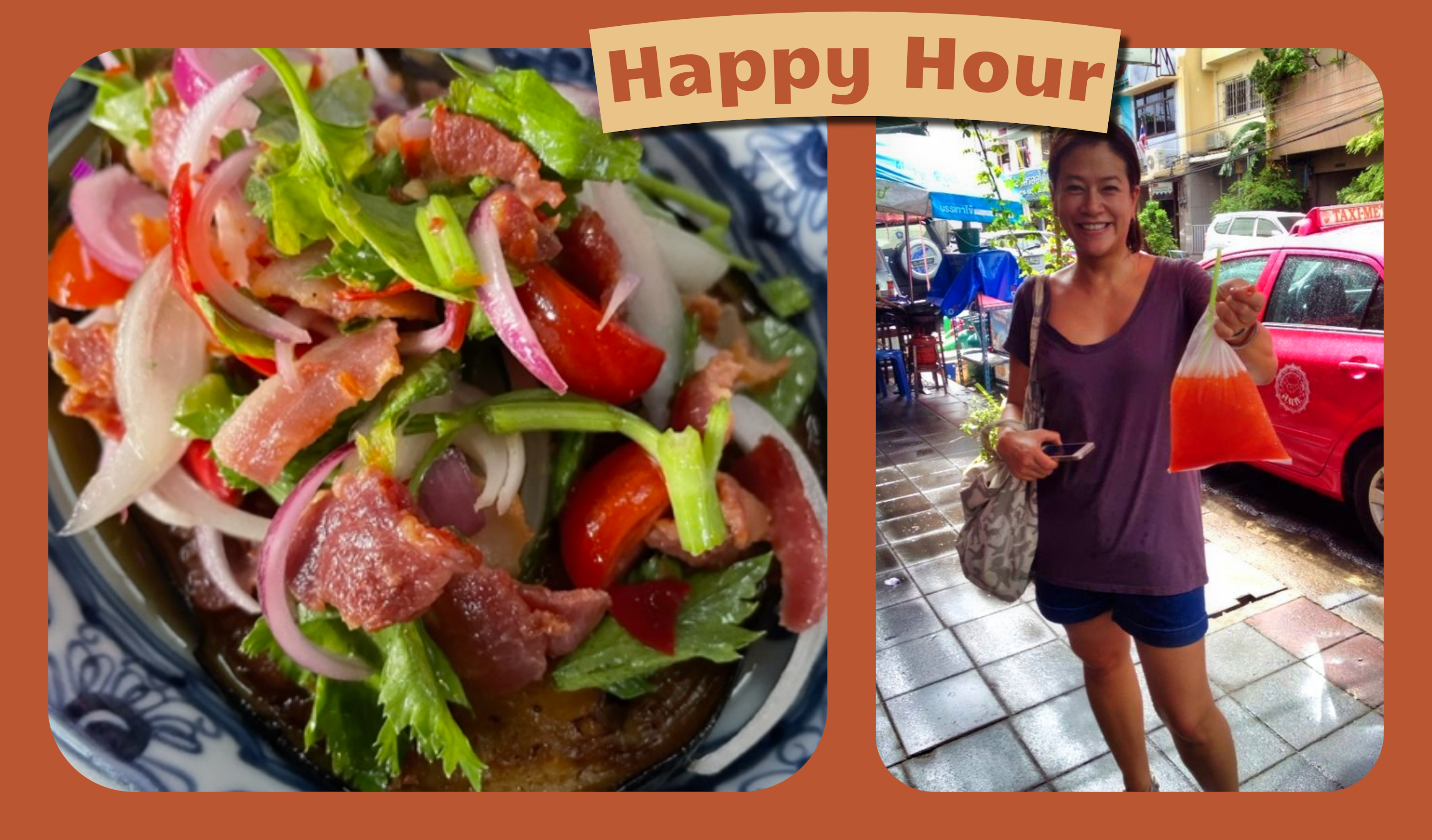 L: a Thai salad with beef on a plate. R: A smiling woman holds a plastic bag of juice on a Bangkok street