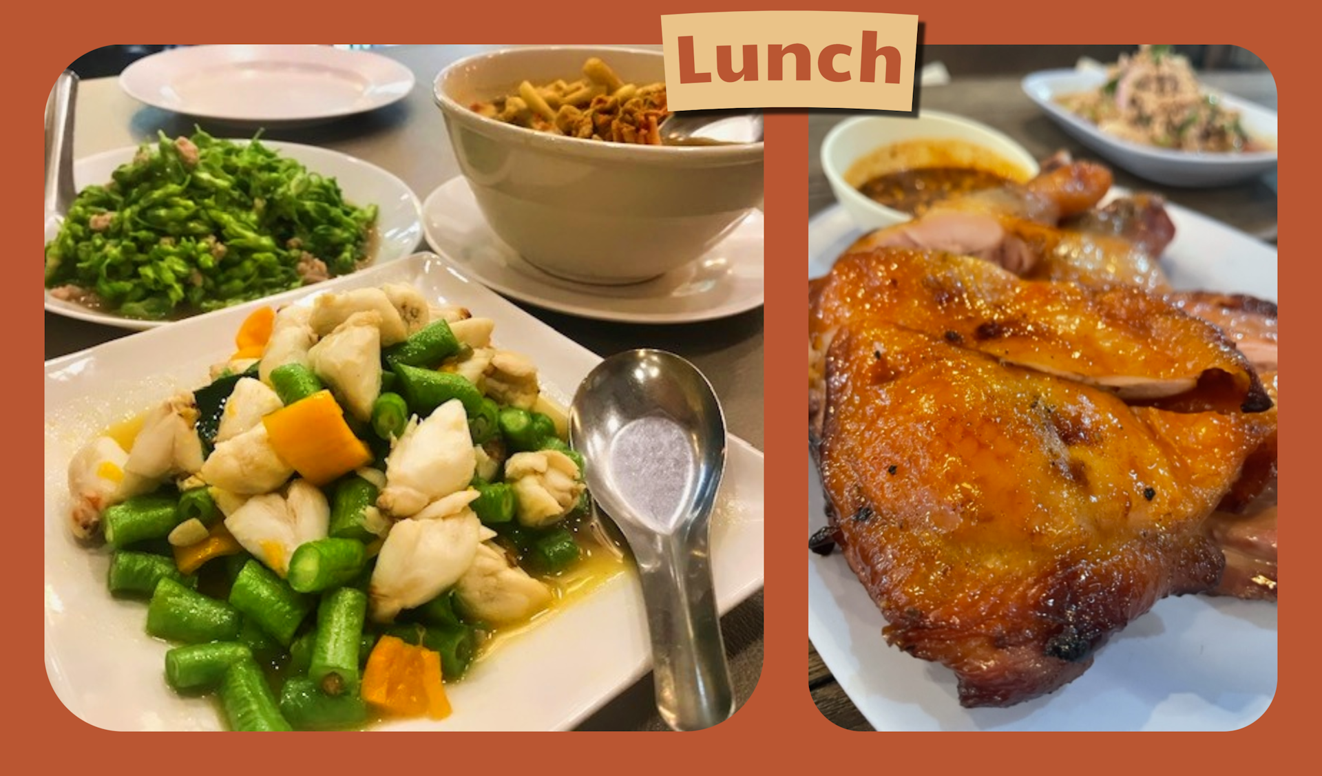 L: Plate of crabmeat with green beans. R: close-up of fried chicken with crispy skin