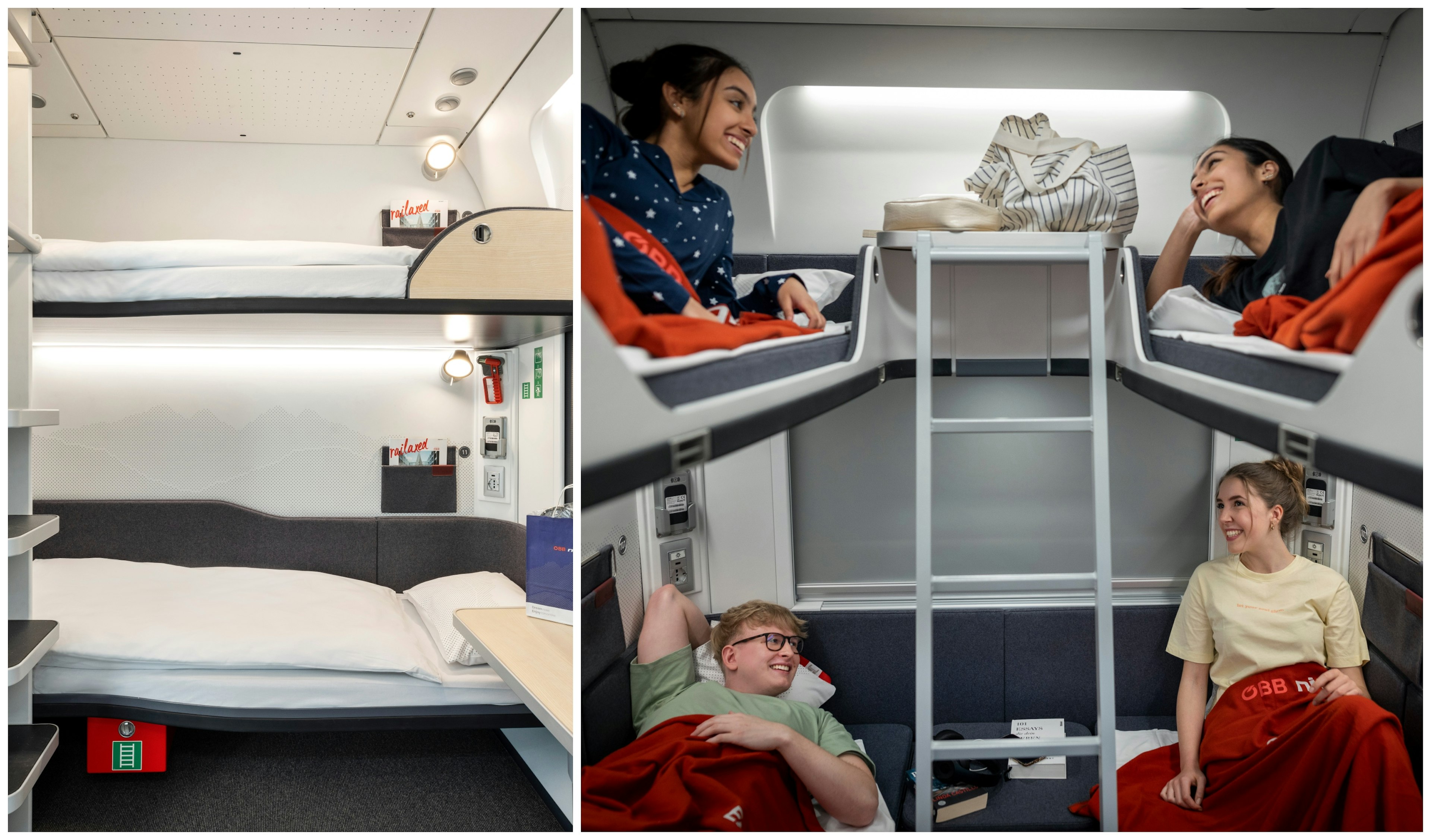 Collage of two images. The first shows a bunk-bed cabin on a night train. The second image shows a four-person bunk-bed room with four young people chatting across their beds.