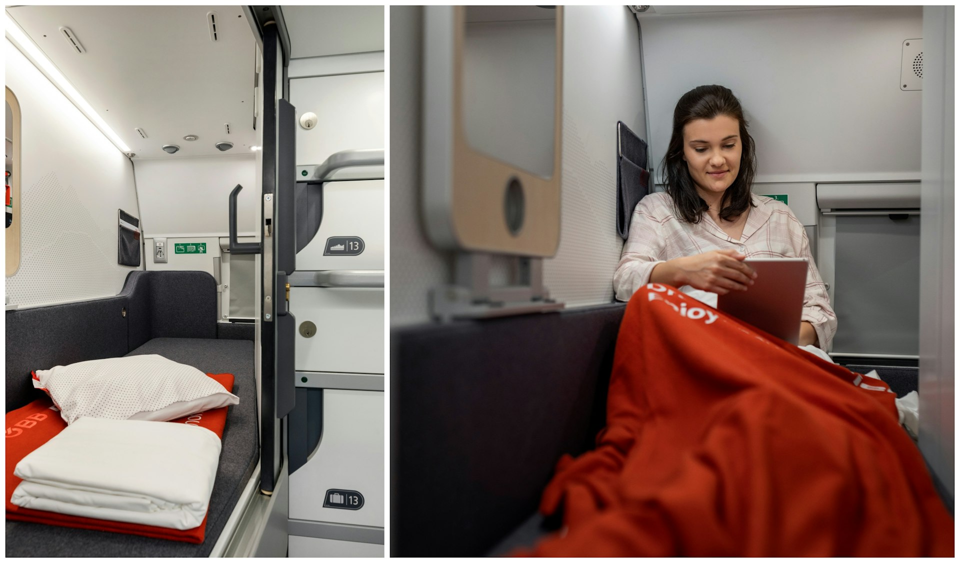 A collage image. The pic on the left shows the inside of a single-person sleeping pod on a night train. The second pic shows a woman curled up in a blanket on the bed in the sleeping pod.