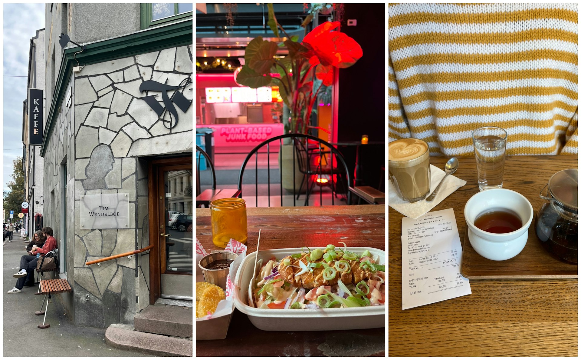 People sit on a bench outside a cafe, a close-up of vegan fast food in a neon-lit restaurant; the writer sits with a pot of coffee in an Oslo cafe