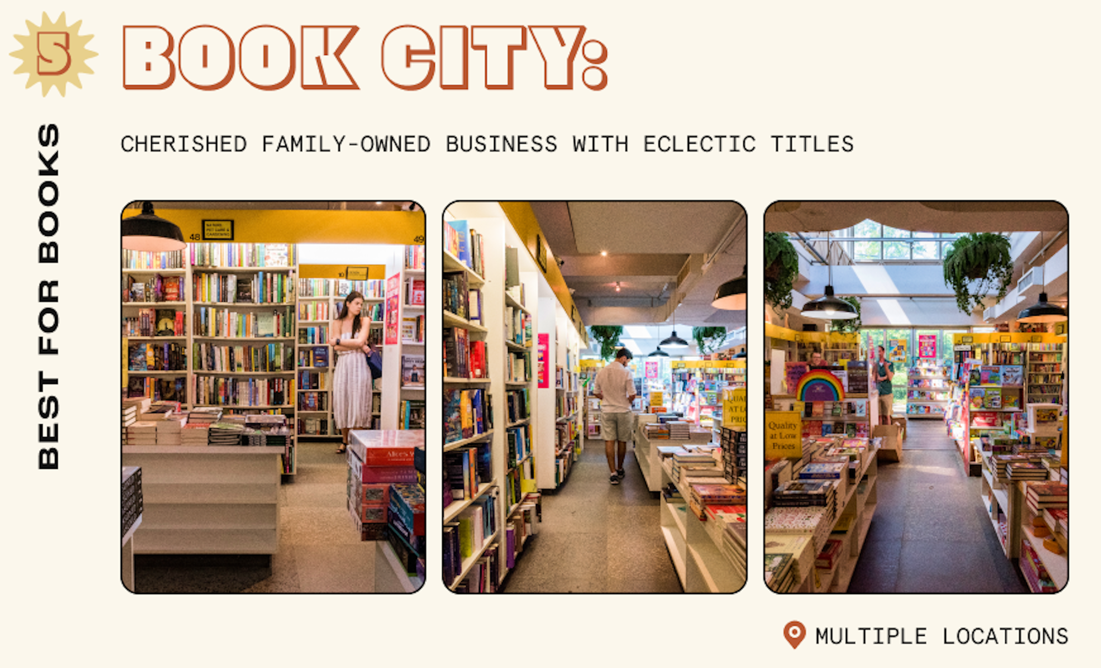 Customers browse through brightly-lit aisles in Book City, Toronto