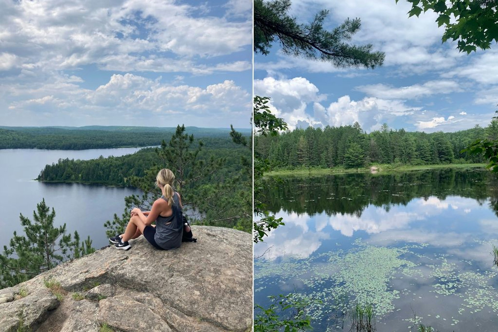 A woman stares out across the trees and slapes and lakes of  Algonquin Provincial Park from a huge rock at the top of the Centennial Ridges Trail