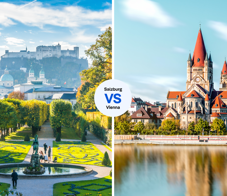 Mirabell Gardens with historic Fortress in Salzburg versus St. Francis of Assisi Church in Vienna