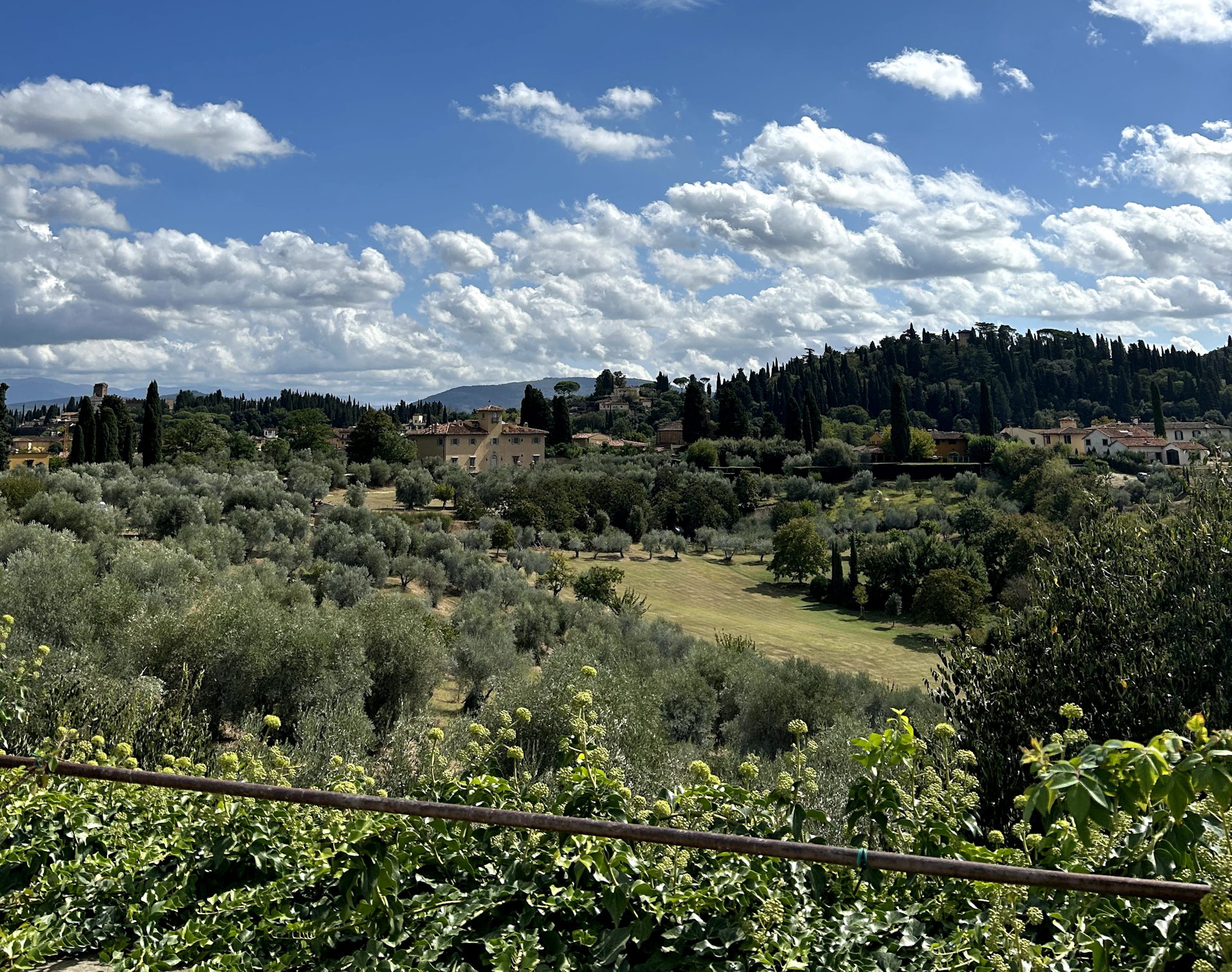The rolling Tuscan Hills and trees of the Boboli Gardens in Florence on a bright, blue-sky day