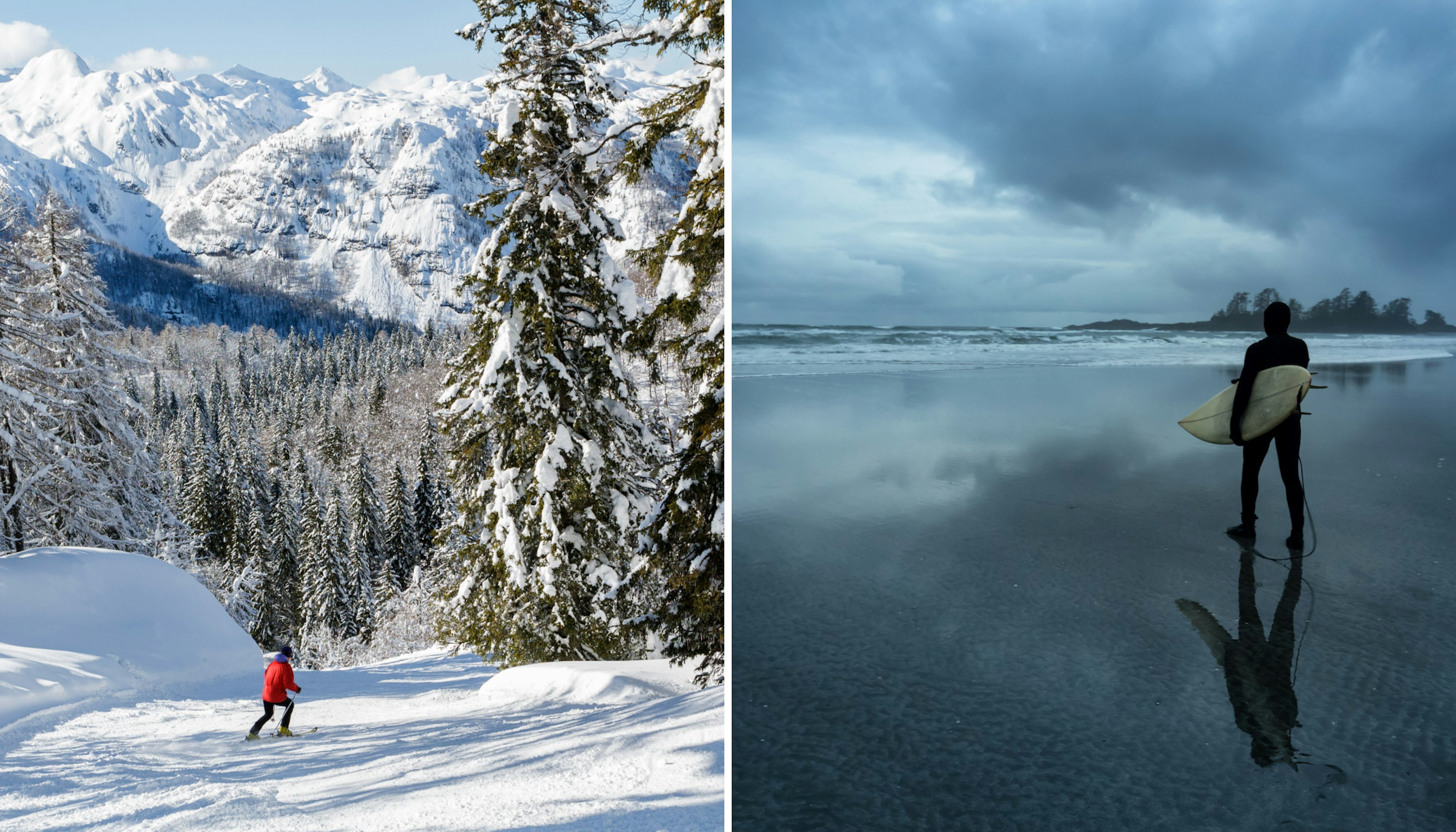 A person in red skis down the slopes Slovenia; a surfer on the beach enjoys the storms on Vancouver Island.