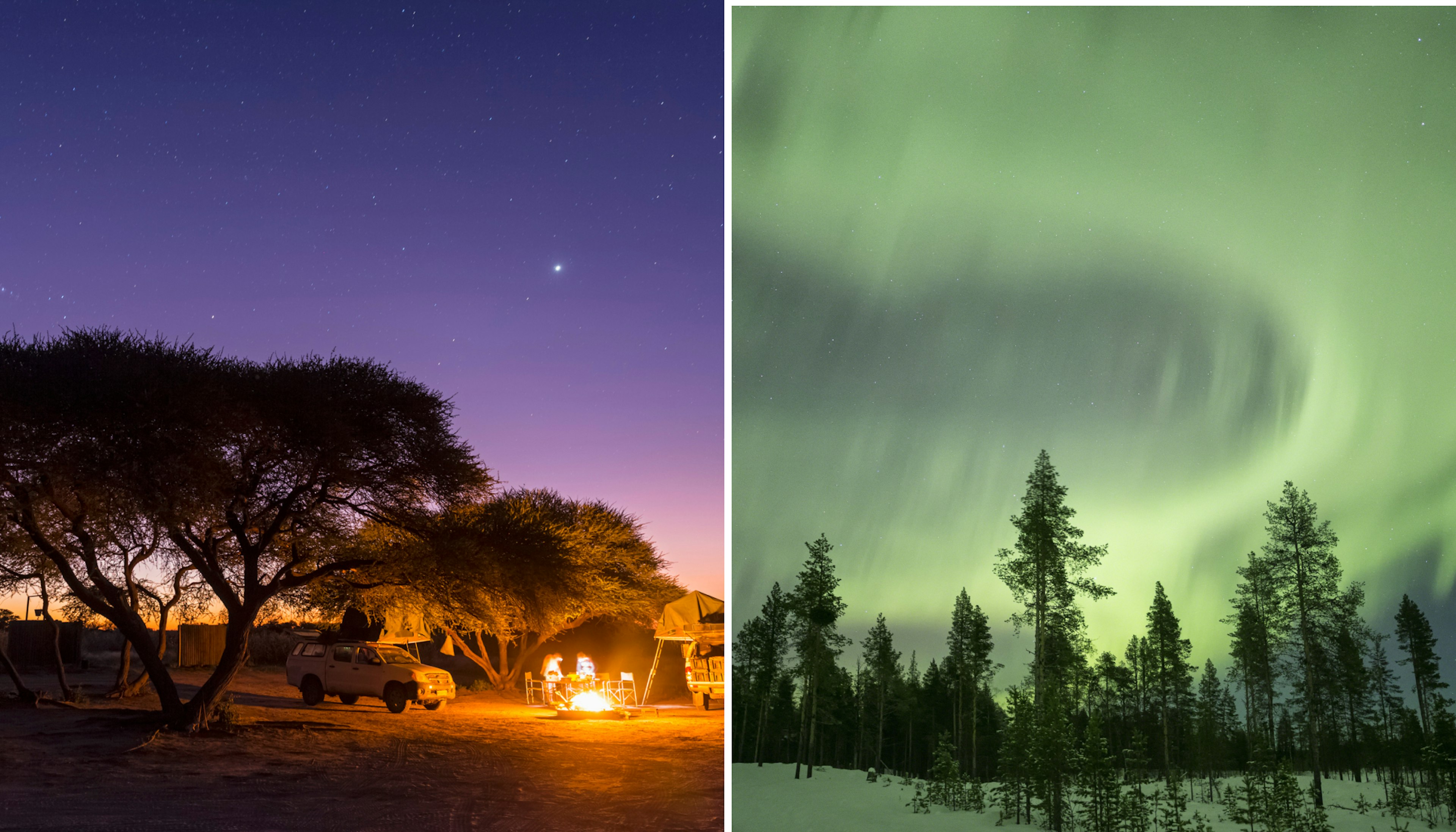 A bushcamp in Central Kalahari; the northern lights in Arctic Sweden.