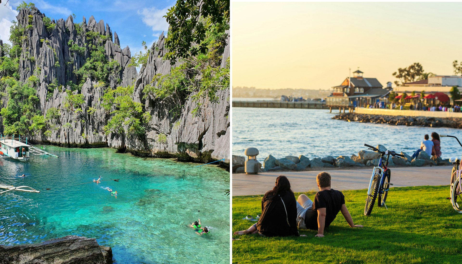 Left: people snorkle through turquoise water in the Philippines. Right: People sit next to their bikes while watching the sunset in San Diego. 
