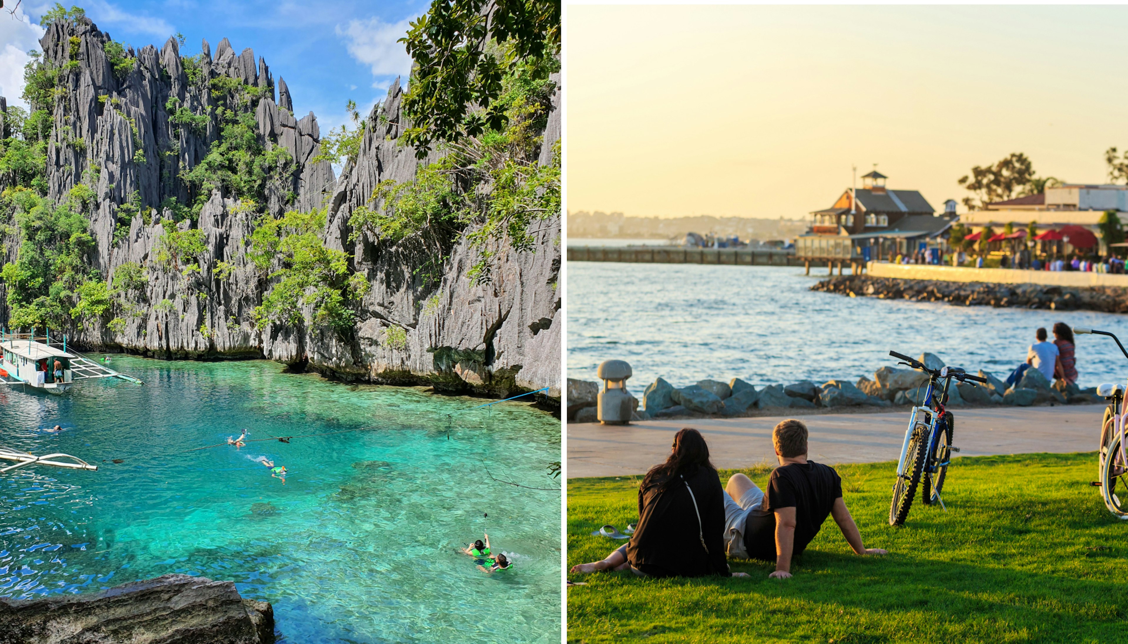 Left: people snorkle through turquoise water in the Philippines. Right: People sit next to their bikes while watching the sunset in San Diego.