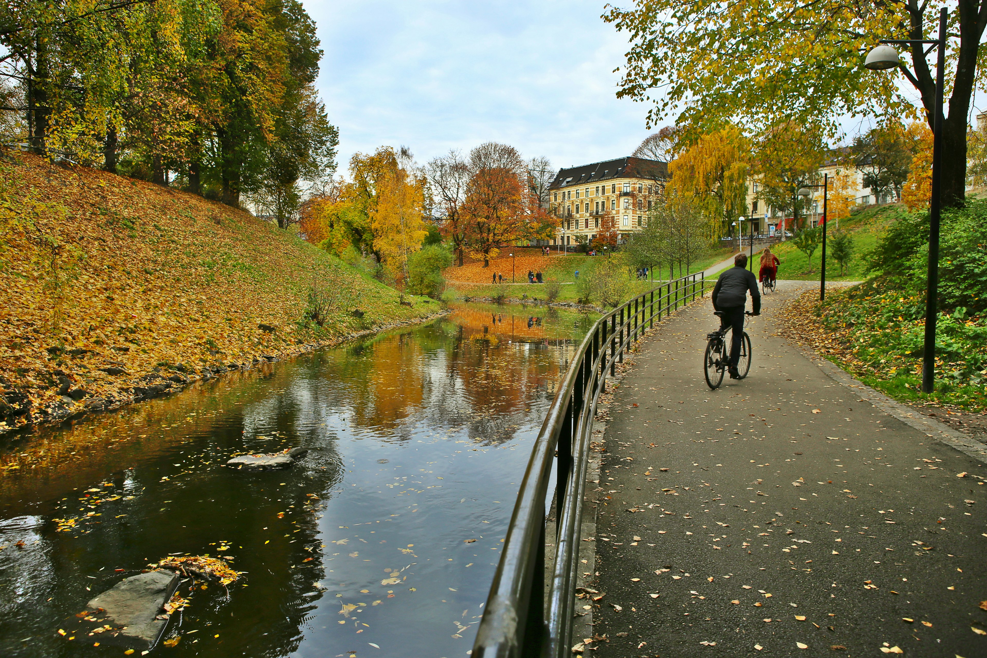 A man bicycles by fall foliage along the walking path by River Akerselva, Oslo, Norway