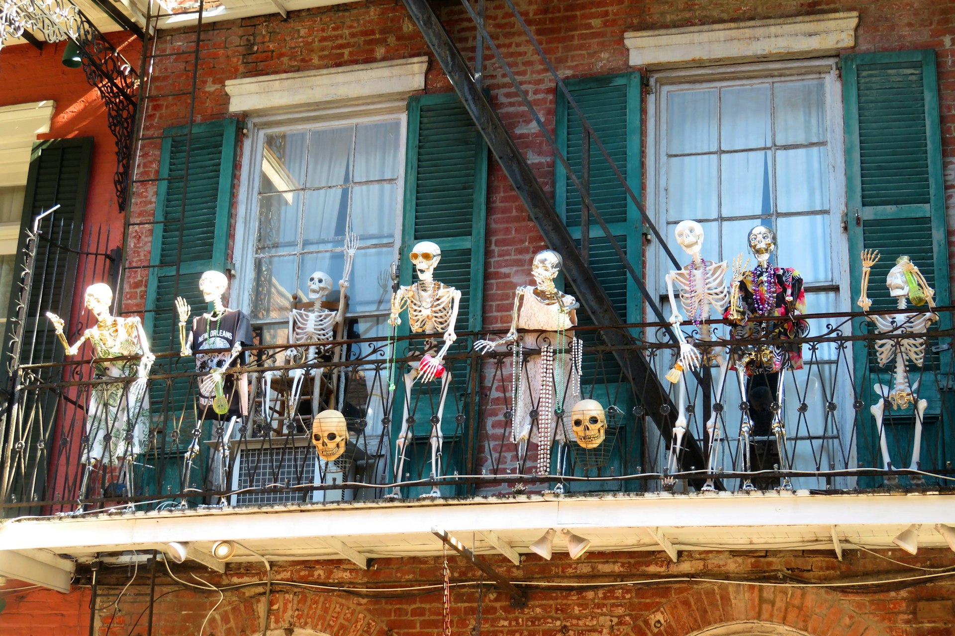 Skeletons on a balcony in the French Quarter, New Orleans, Louisiana, USA