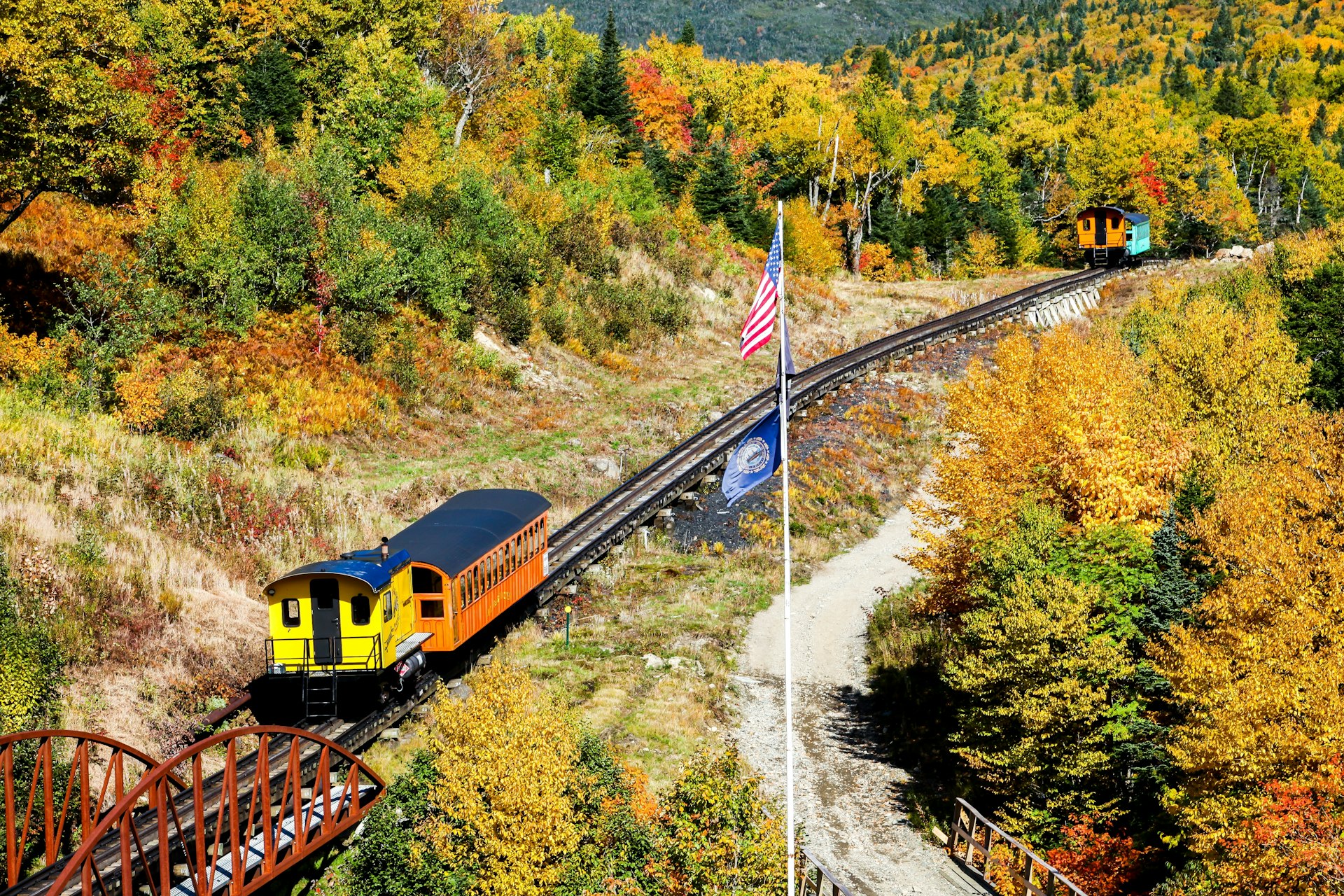 A locomotive on the cog railway on Mt Washington, New Hampshire
