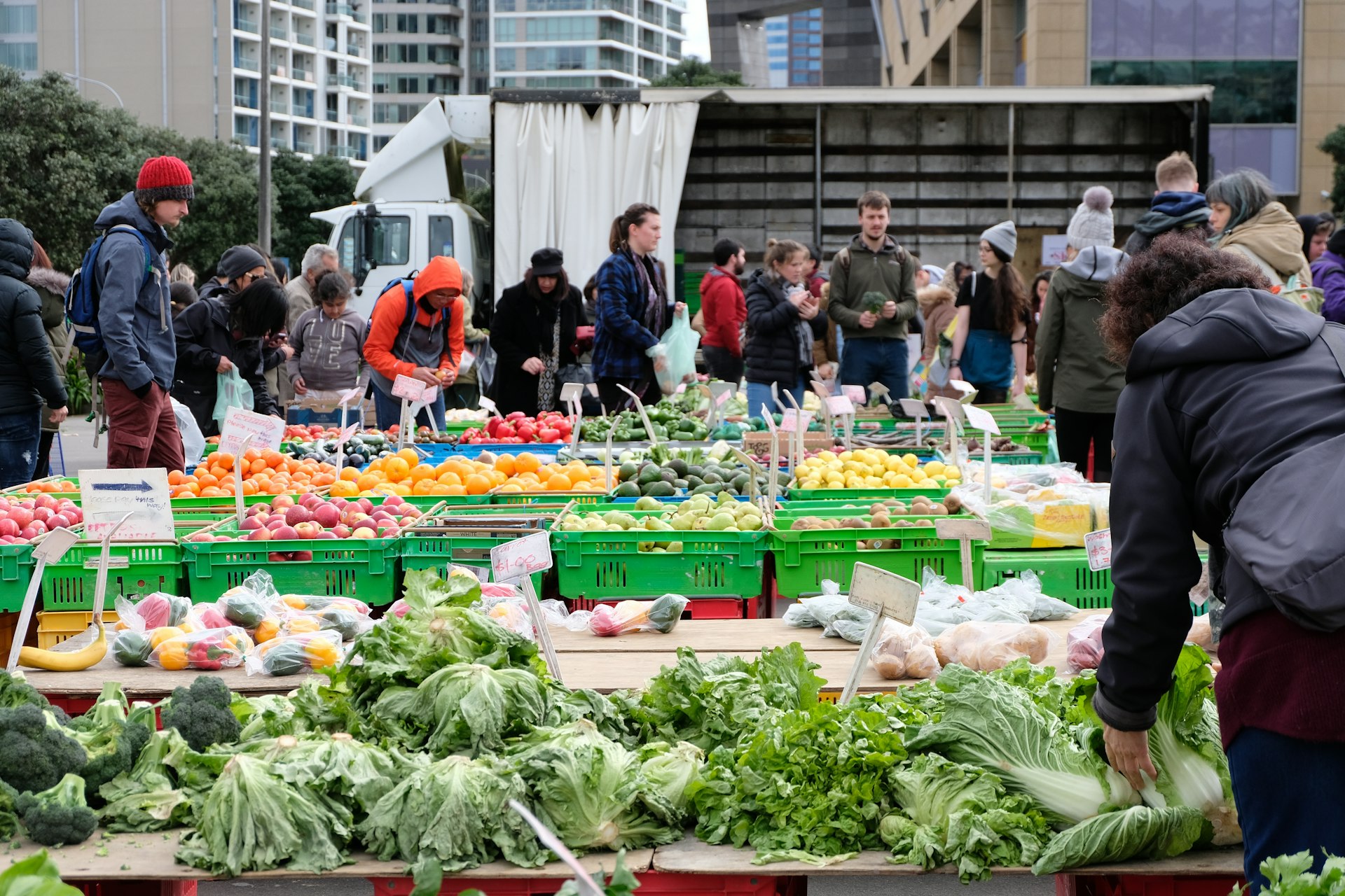 People shopping for groceries at the weekend fruit and vegetable market in the capital city of Wellington, NZ Aotearoa