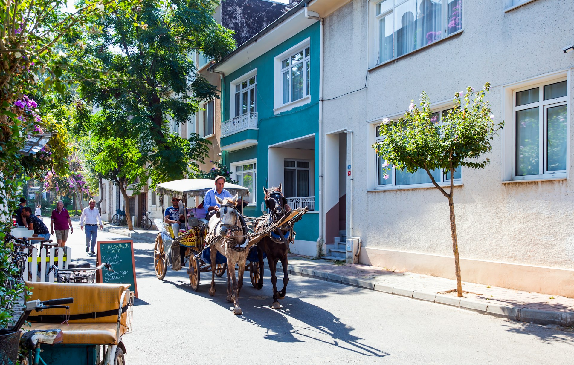 Passengers being driven through the streets by horse and decorated cart in Phaeton on Prince Island Buyukada, Istanbul