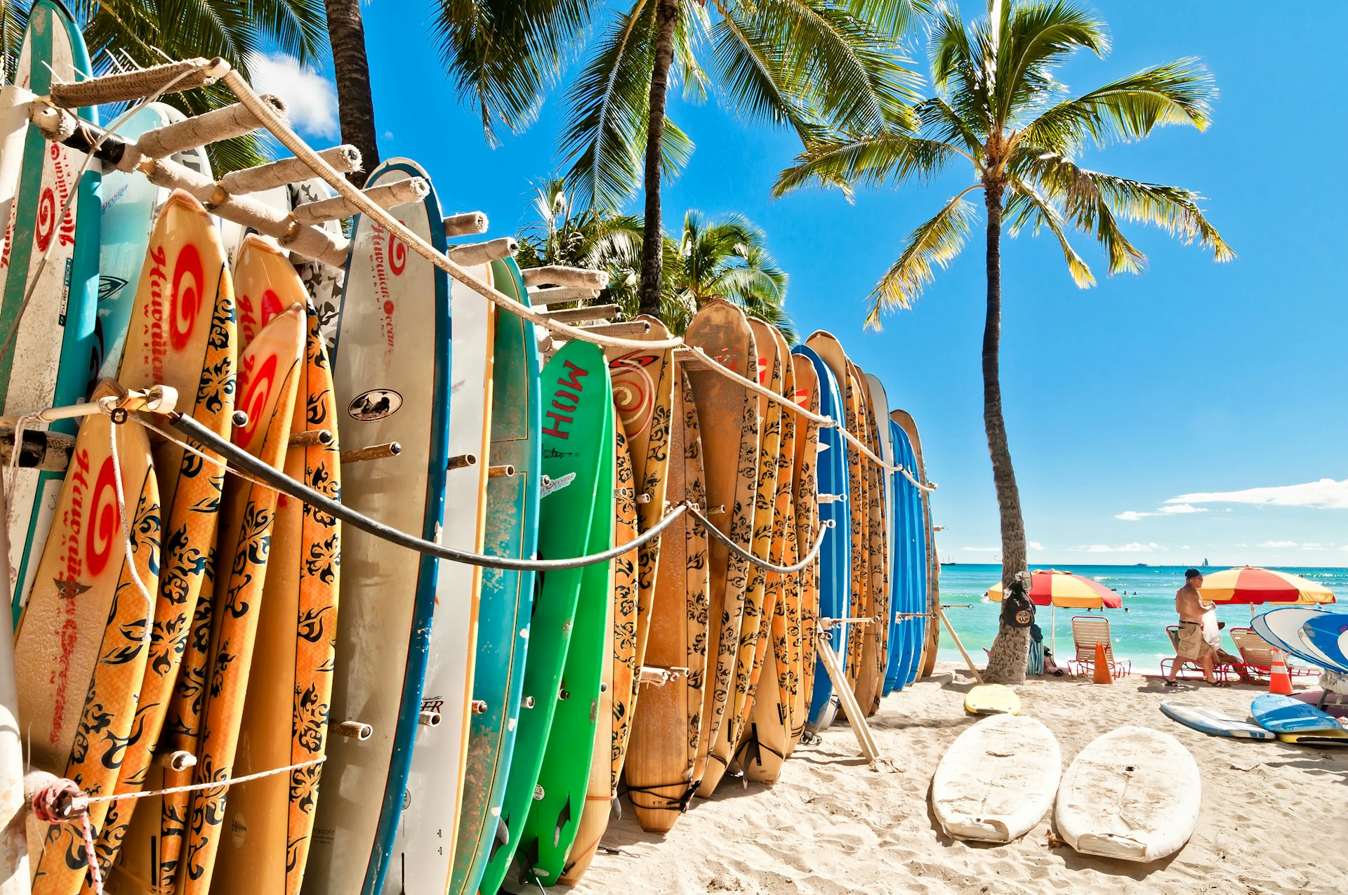 Surfboards lined up in the rack at famous Waikiki Beach in Honolulu, Hawaii