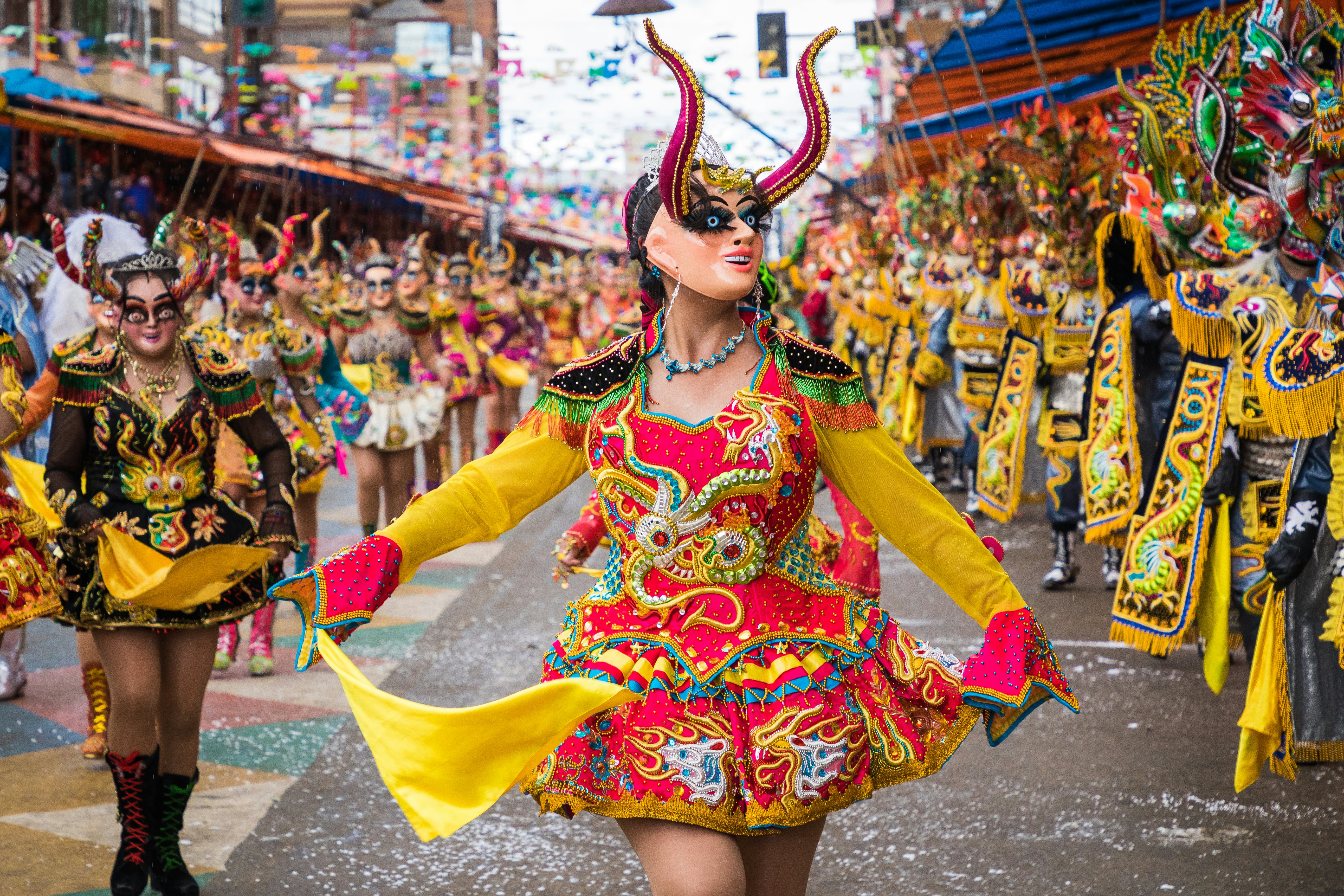 ORURO, BOLIVIA - FEBRUARY 10, 2018: Dancers at Oruro Carnival in Bolivia, declared UNESCO Cultural World Heritage