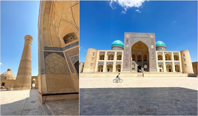 Two images show the Kalon Mosque and a medressa in Bukhara Uzbekistan.
