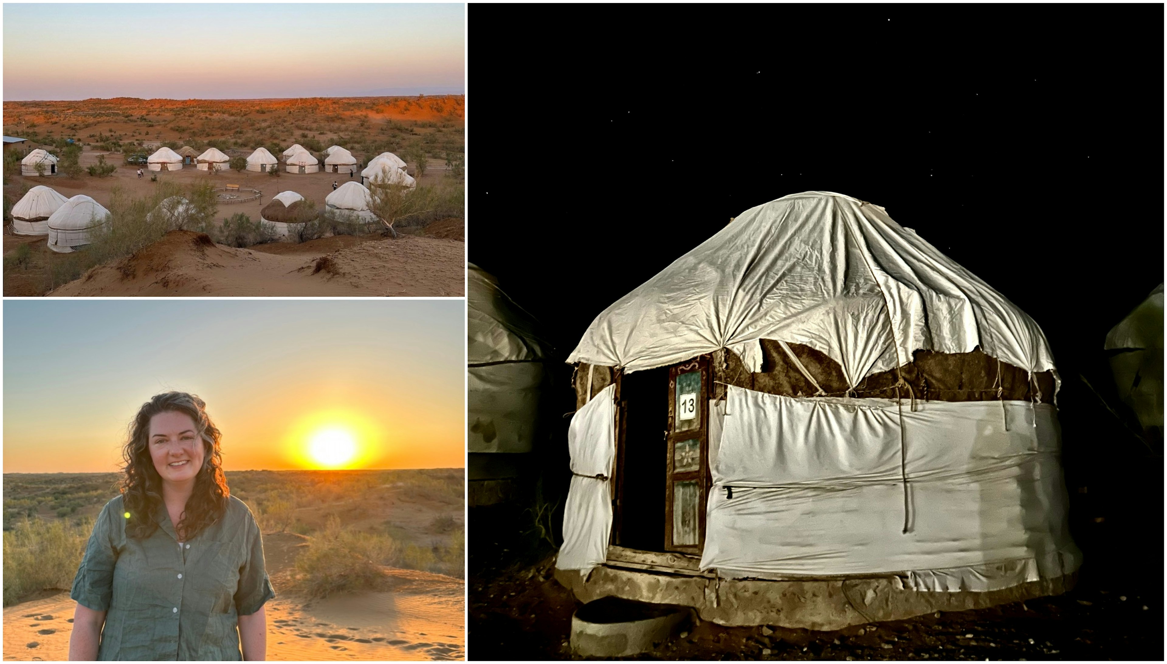 A collage of images show a yurt camp in the desert, a woman looking at the camera in front of the sunset and a yurt at night.