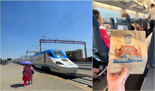 The Afrosiyob train at Bukhara station; a snack handed out to passengers.