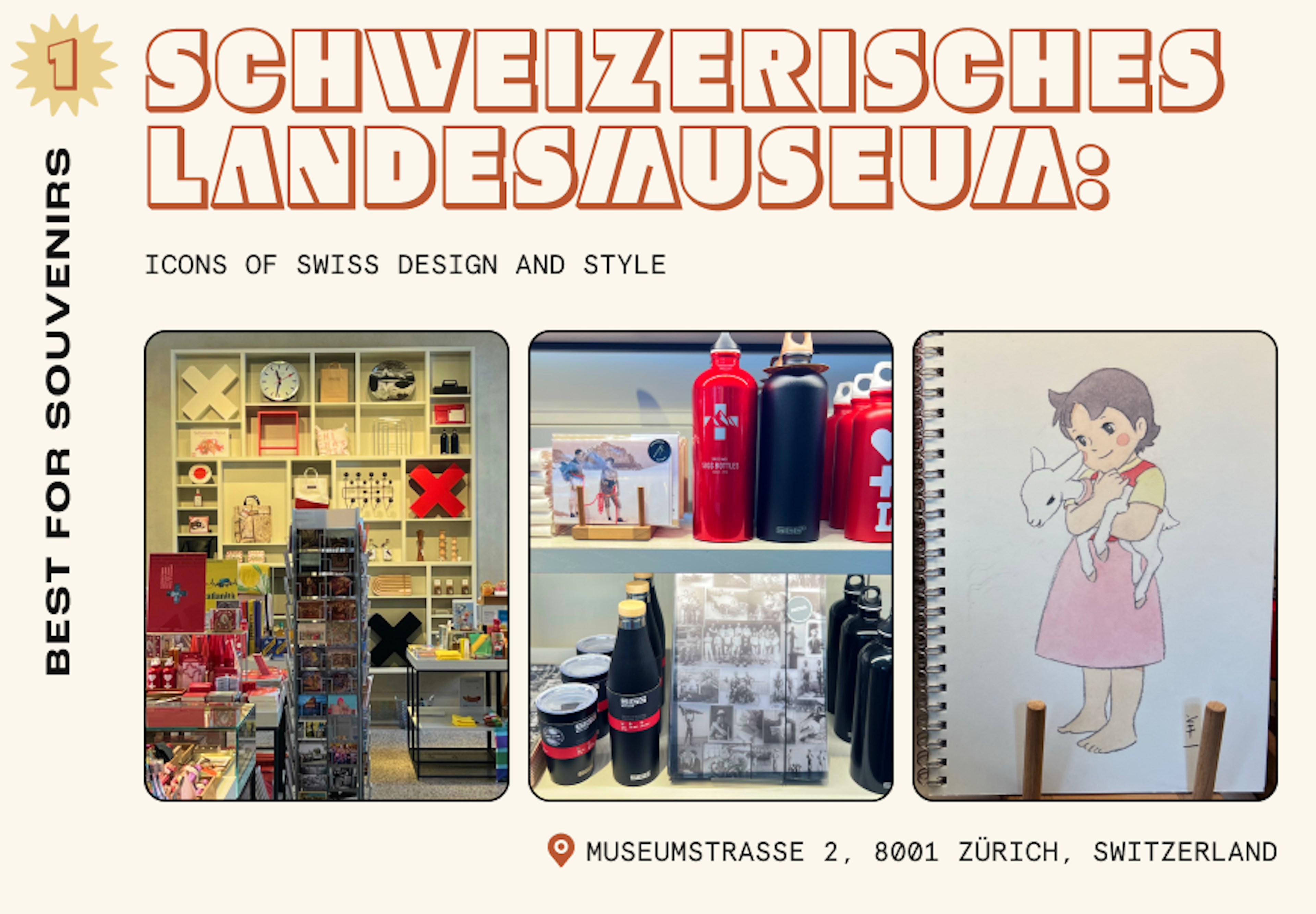 Collage of images from a Swiss museum shop including water bottles, Heidi notepads and clothing