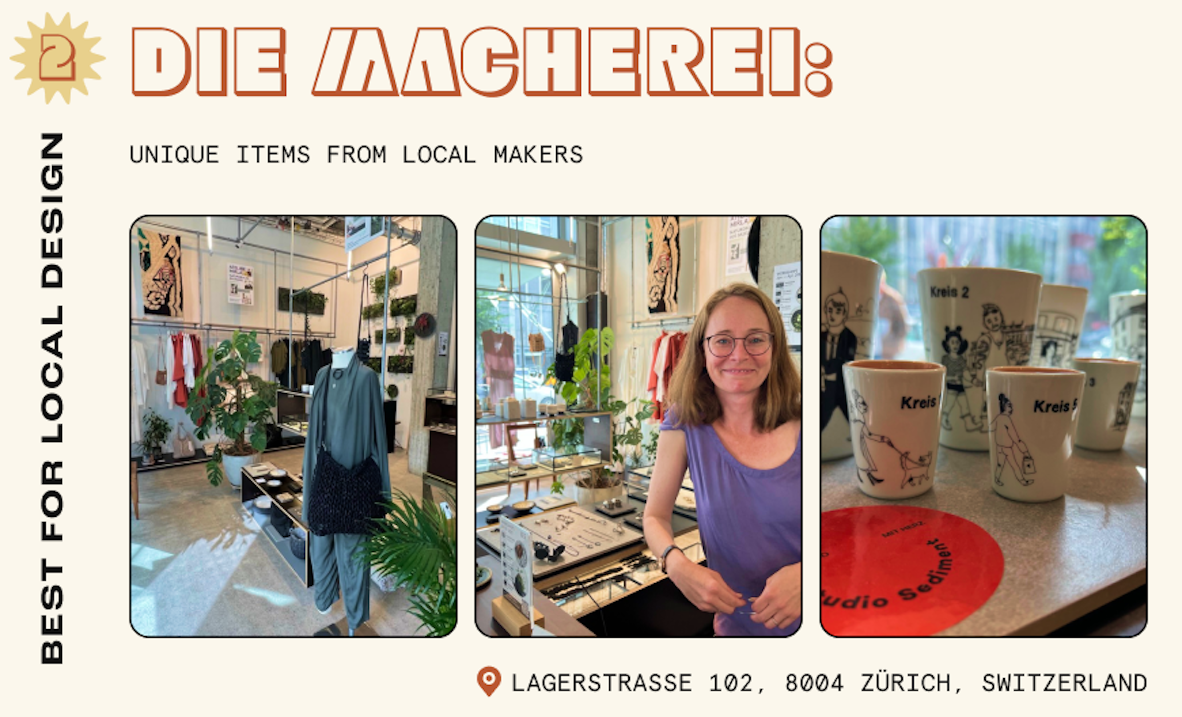 Collage of images from a clothing shop in Zurich showing women's fashion and the female owner of the shop