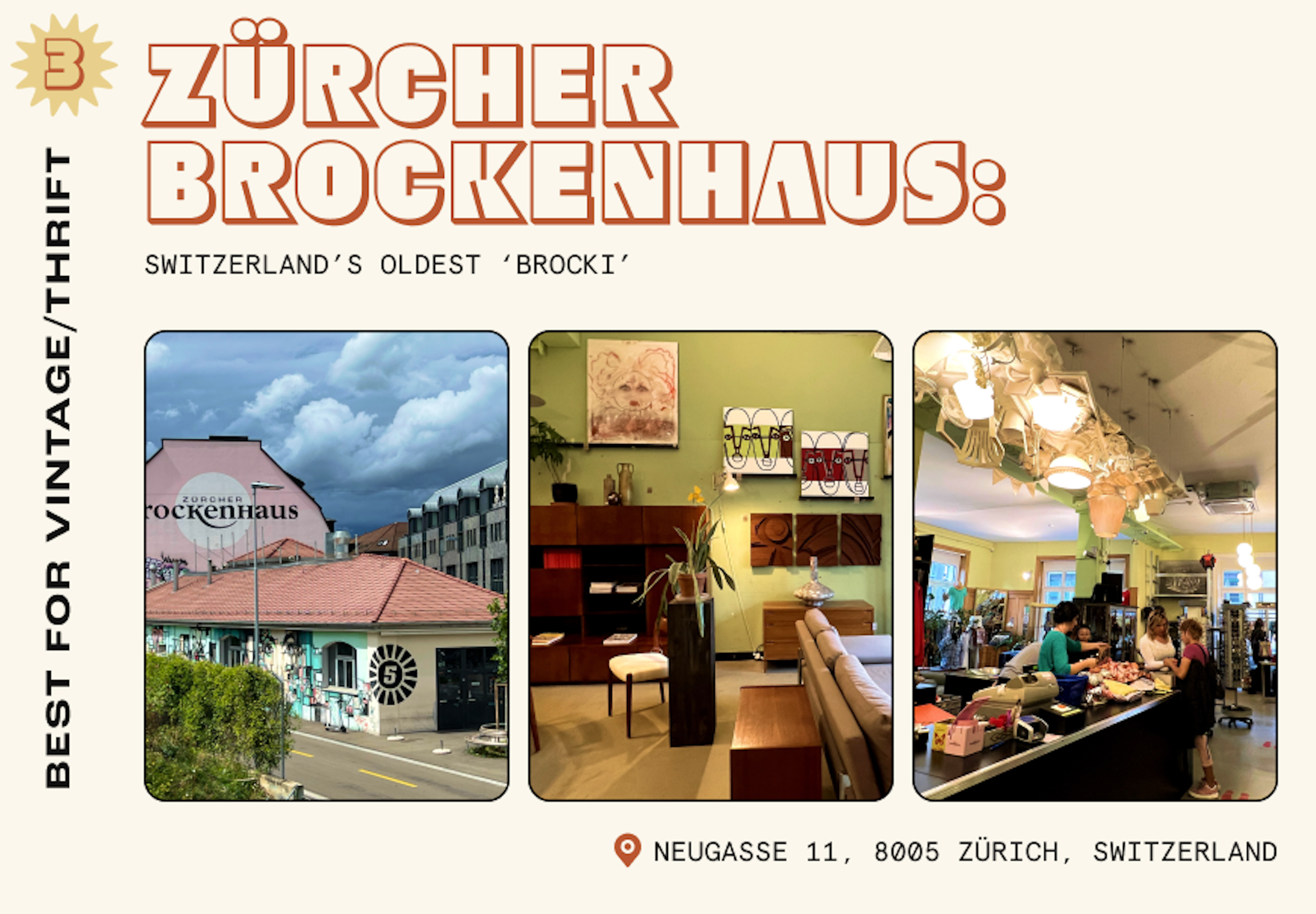 Collage of images from a vintage shop in Zurich showing the store's exterior, a collection of mid-century modern furniture and clothes