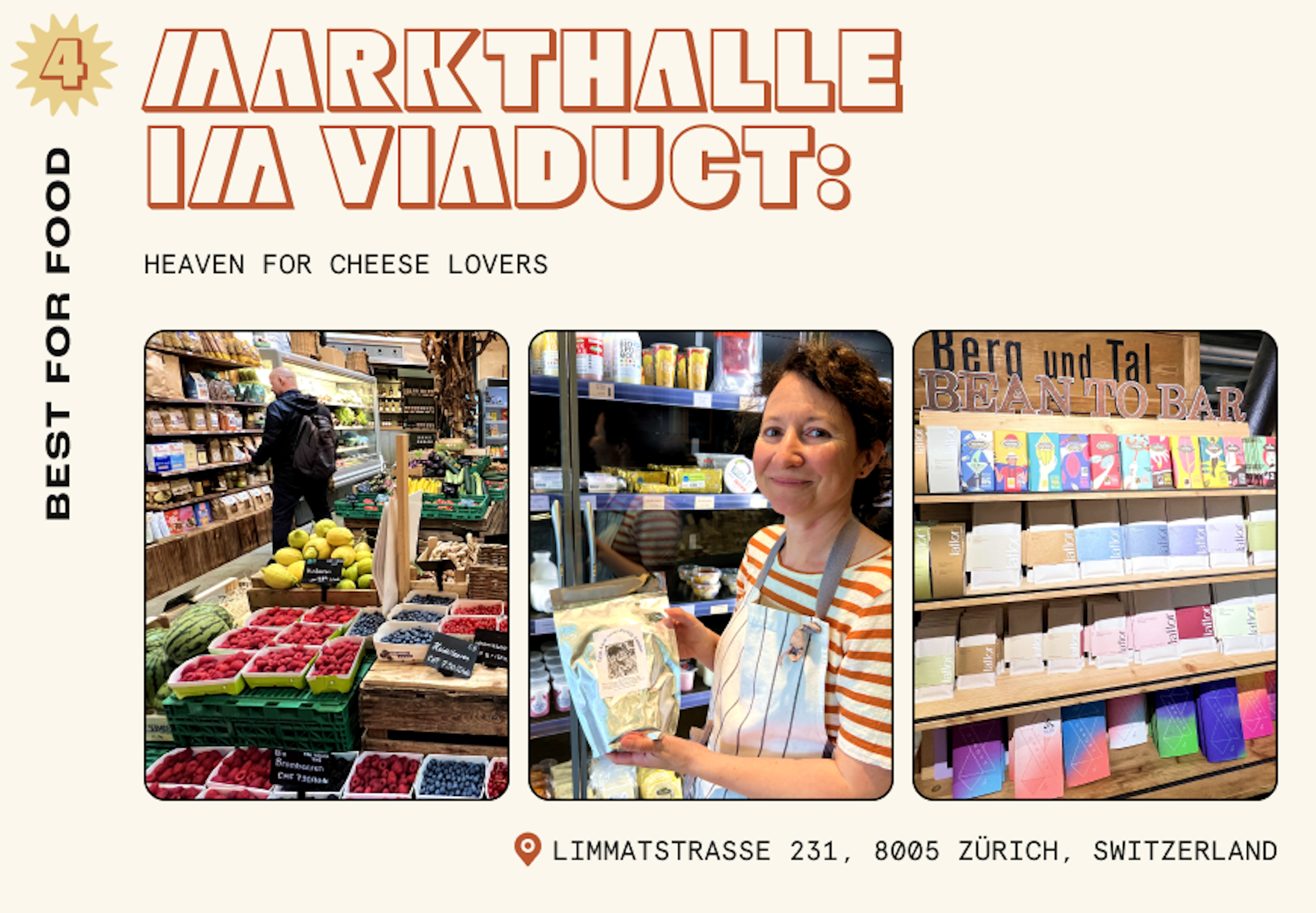 Collage of images from a food market in Zurich showing fresh berries, a shop owner with artisan coffee and Swiss chocolate bars