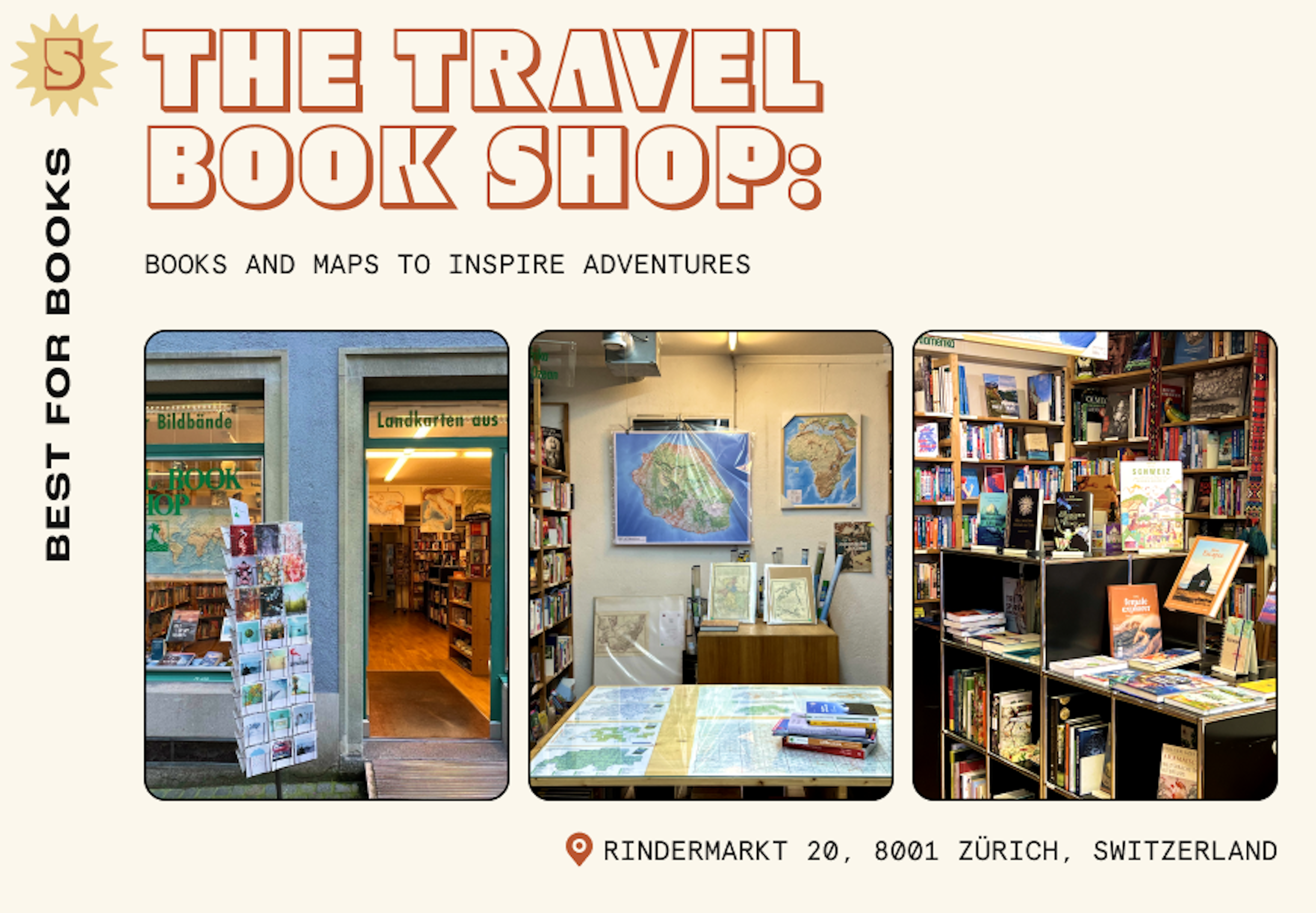 Collage of images from a bookstore in Zurich showing the shop's exterior, a wall of maps and a travel book selection