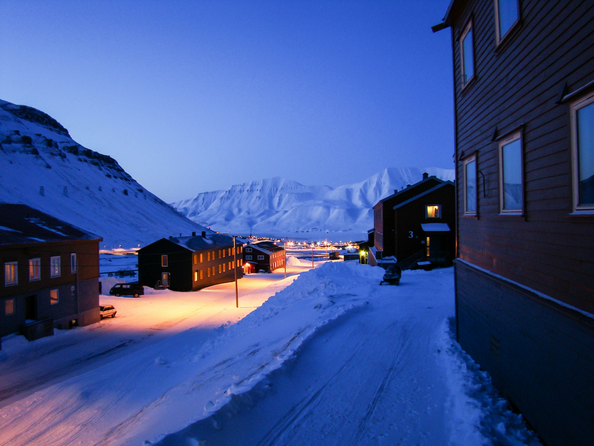Dusk in the town of Longyearbyen, Svalbard, Norway