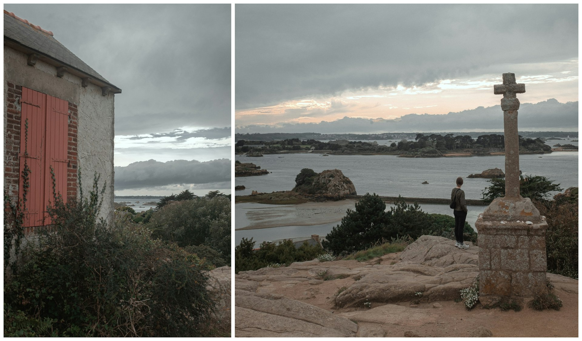 L: An exterior view of a shuttered holiday home. R: A woman hiking on the Breton coast