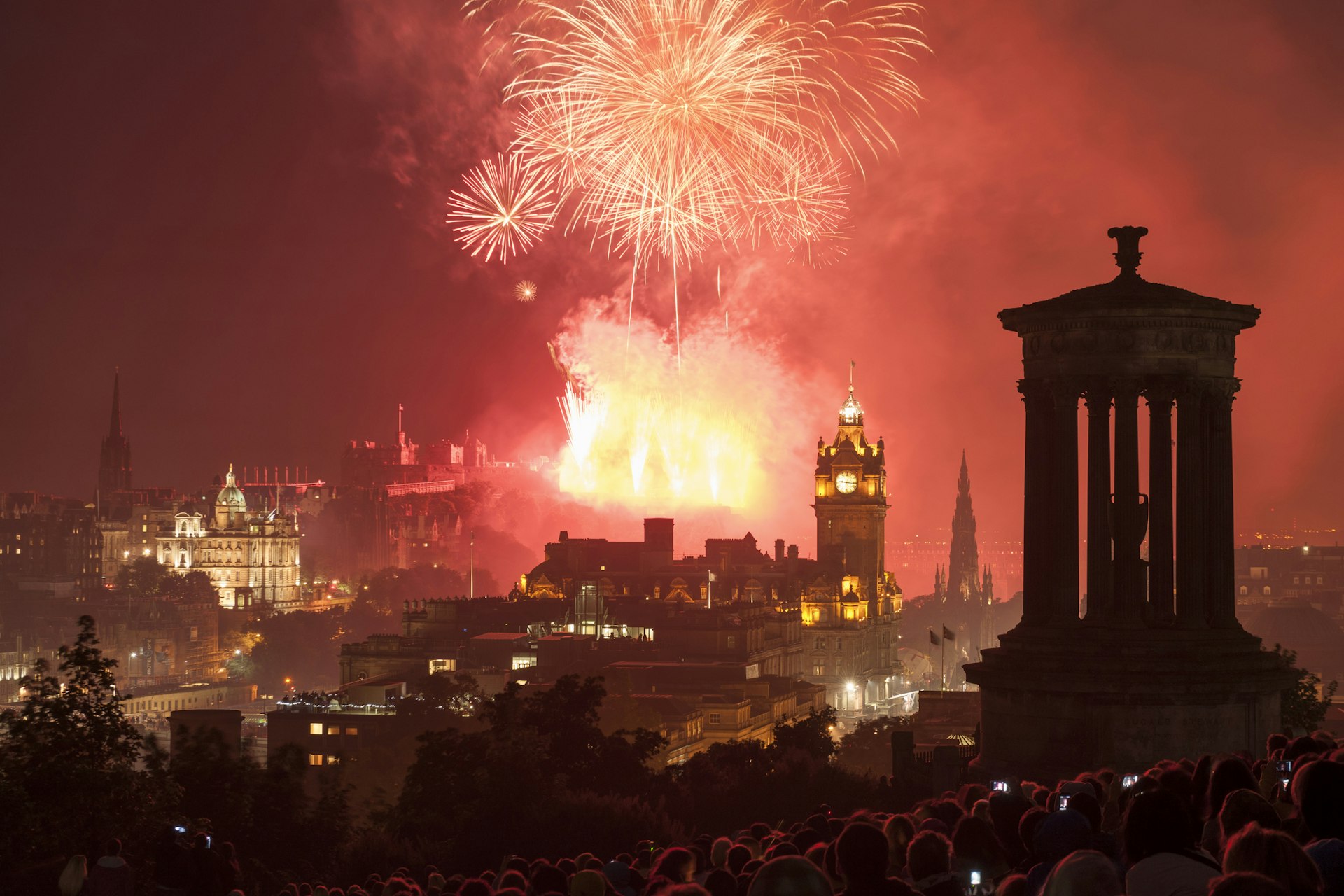 Edinburgh skyline from Calton Hill with annual end of the Festival fireworks display